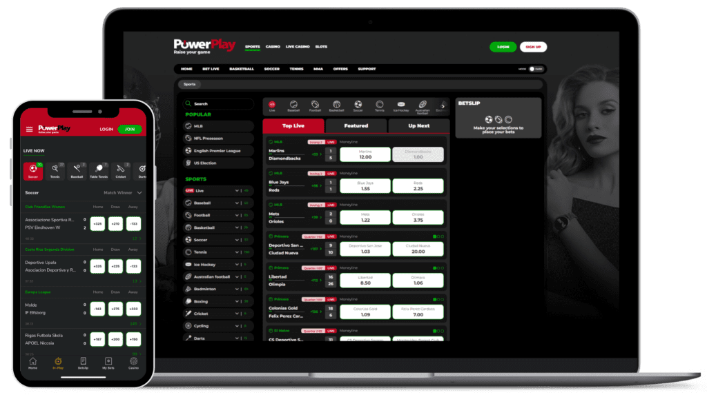 Laptop and iPhone mockup of PowerPlay Sportsbook's homepage.