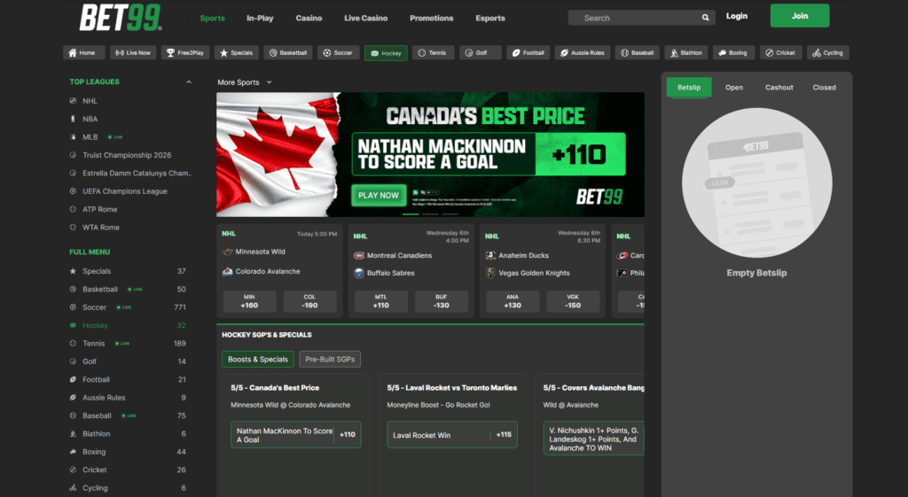 screenshot of bet99's nhl page
