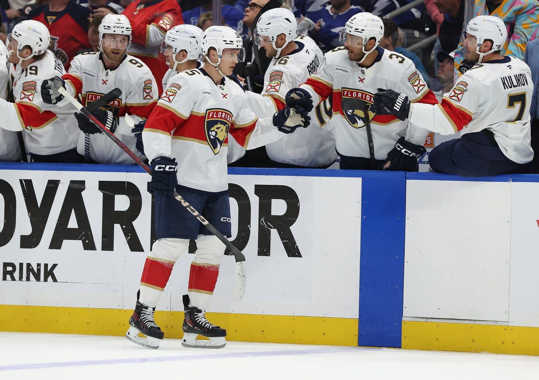 Florida Panthers center Anton Lundell (15) is congratulated after he scored a goal against the Tampa Bay Lightning during the first period of game five of the first round of the 2025 Stanley Cup Playoffs at Amalie Arena.