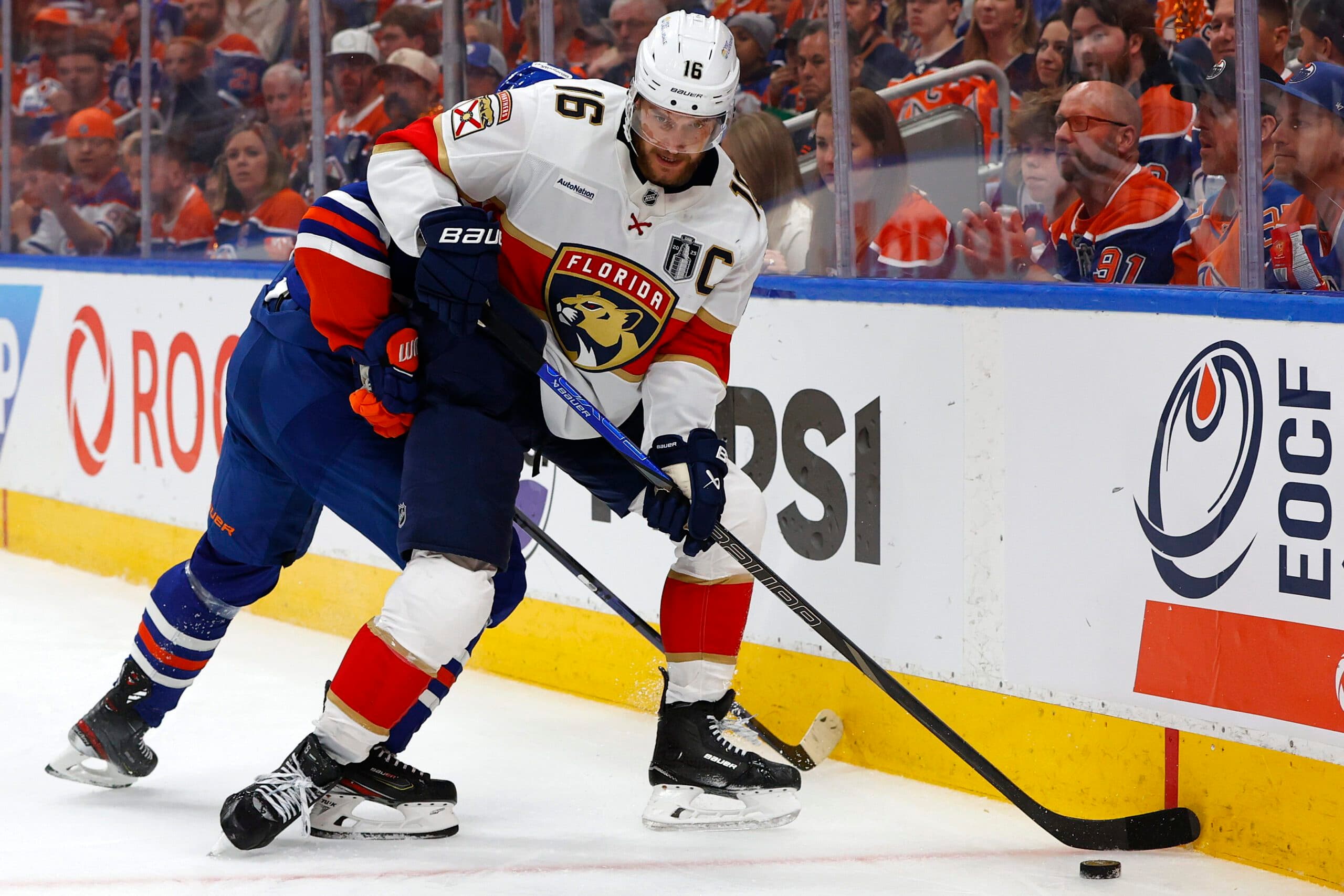 Jun 6, 2025; Edmonton, Alberta, CAN; Florida Panthers center Aleksander Barkov (16) skates with the puck against the Edmonton Oilers during the second period in game two of the 2025 Stanley Cup Final at Rogers Place. Mandatory Credit: Perry Nelson-Imagn Images