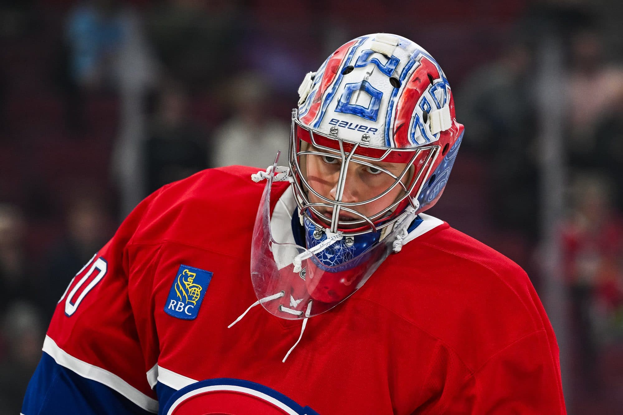 Montreal Canadiens goalie Cayden Primeau (30) looks on during warm-up before the game against the Buffalo Sabres at Bell Centre.