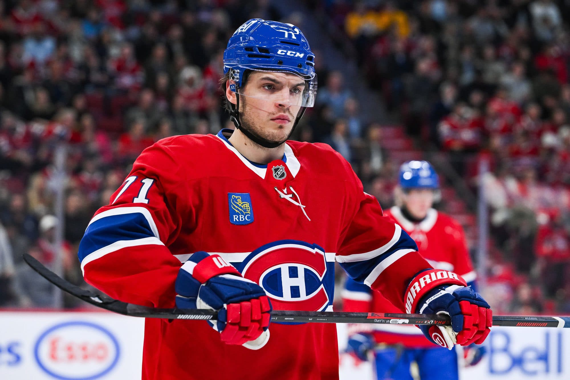 Montreal Canadiens center Jake Evans (71) gets ready for a face-off against the Nashville Predators during the first period at Bell Centre.