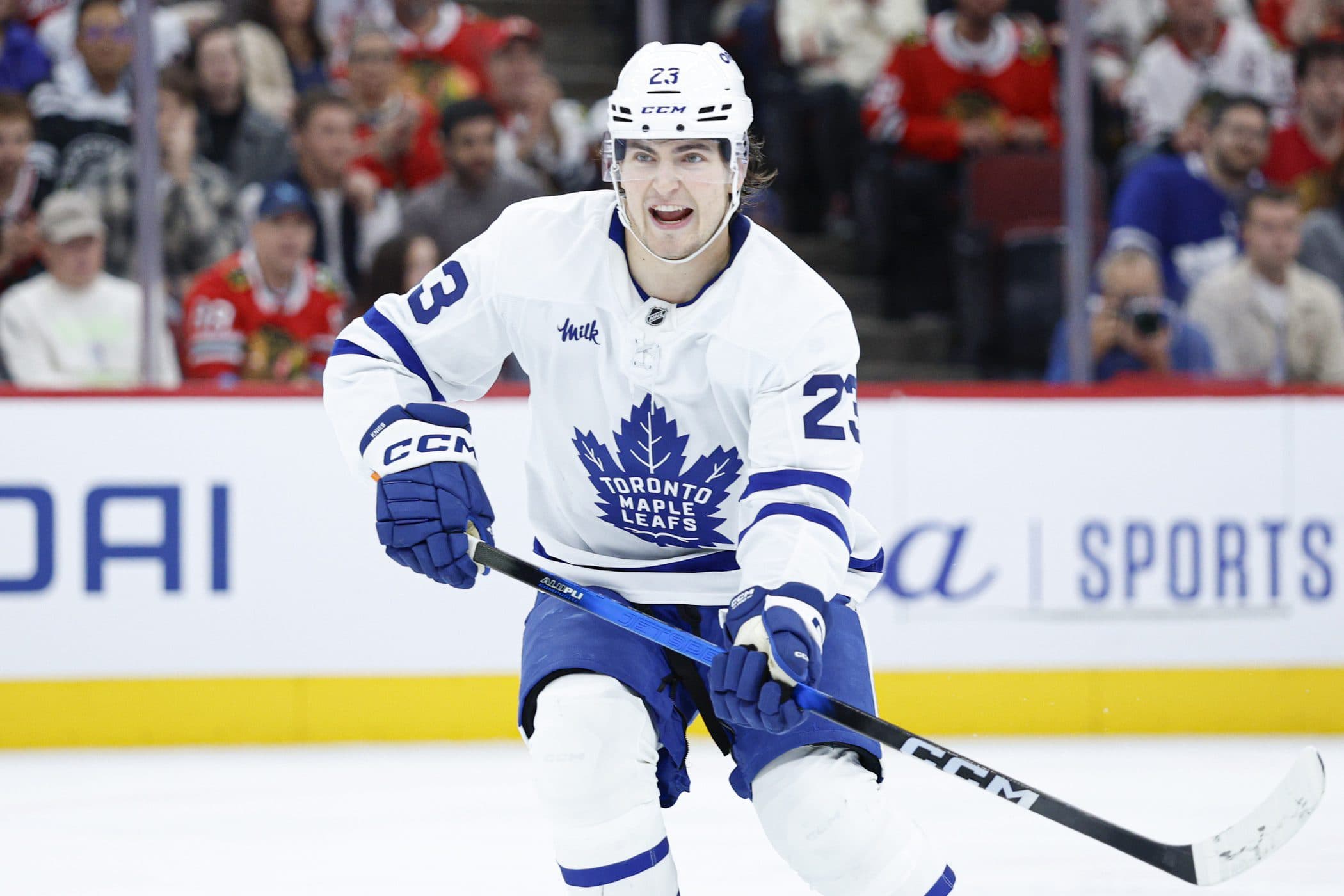 Toronto Maple Leafs left wing Matthew Knies (23) reacts during the first period at United Center.