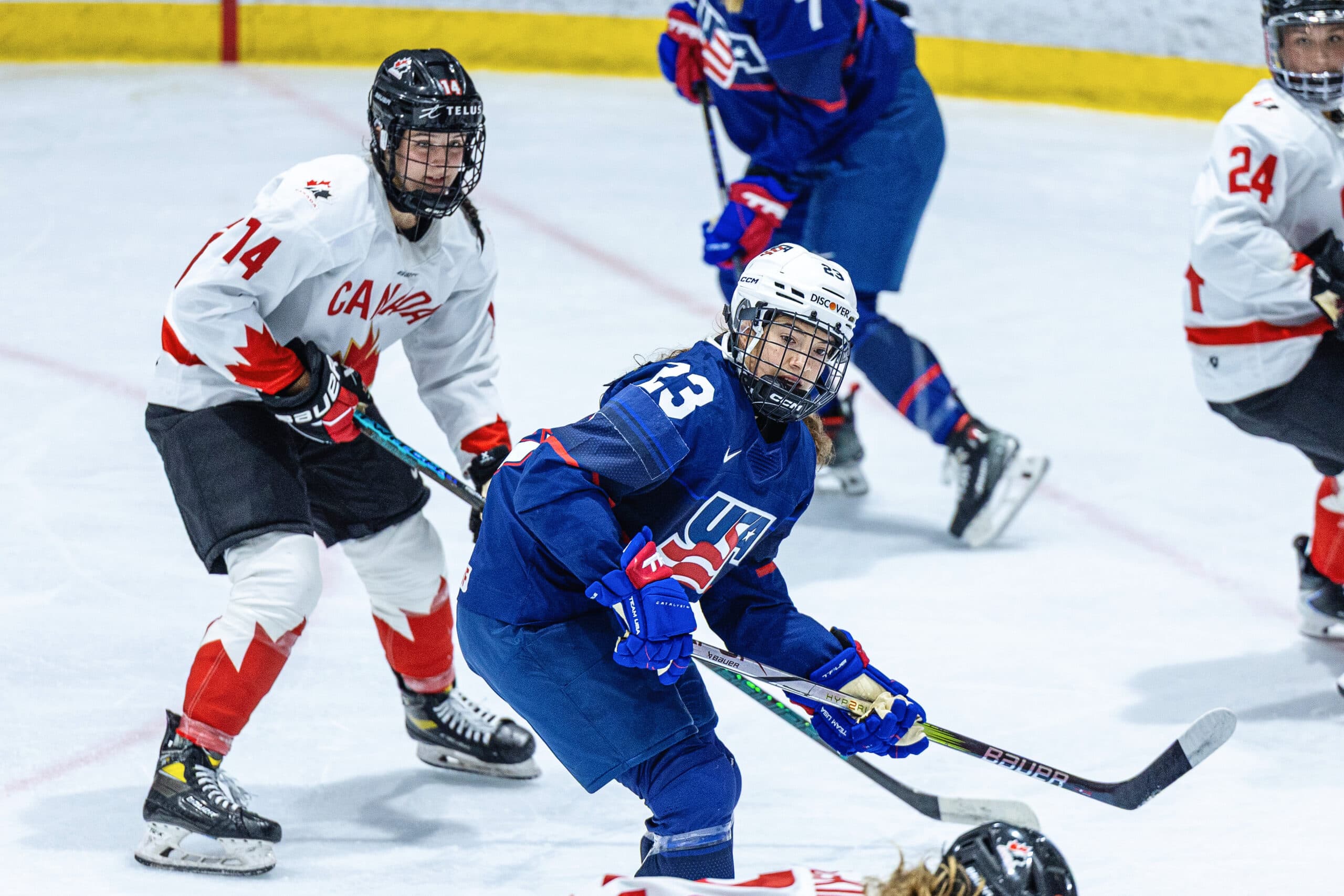 Canada Women's Under-18 forward Anais Leprohon, USA forward Lindsay Stepnowski