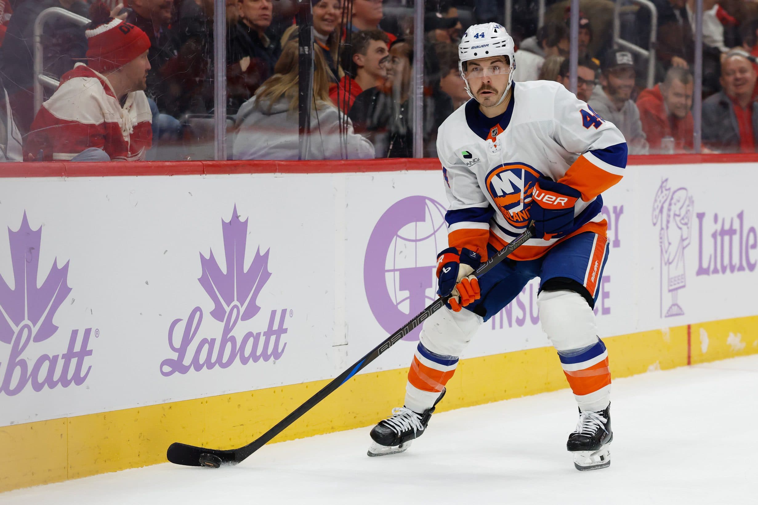New York Islanders center Jean-Gabriel Pageau (44) skates with the puck in the second period against the Detroit Red Wings at Little Caesars Arena.