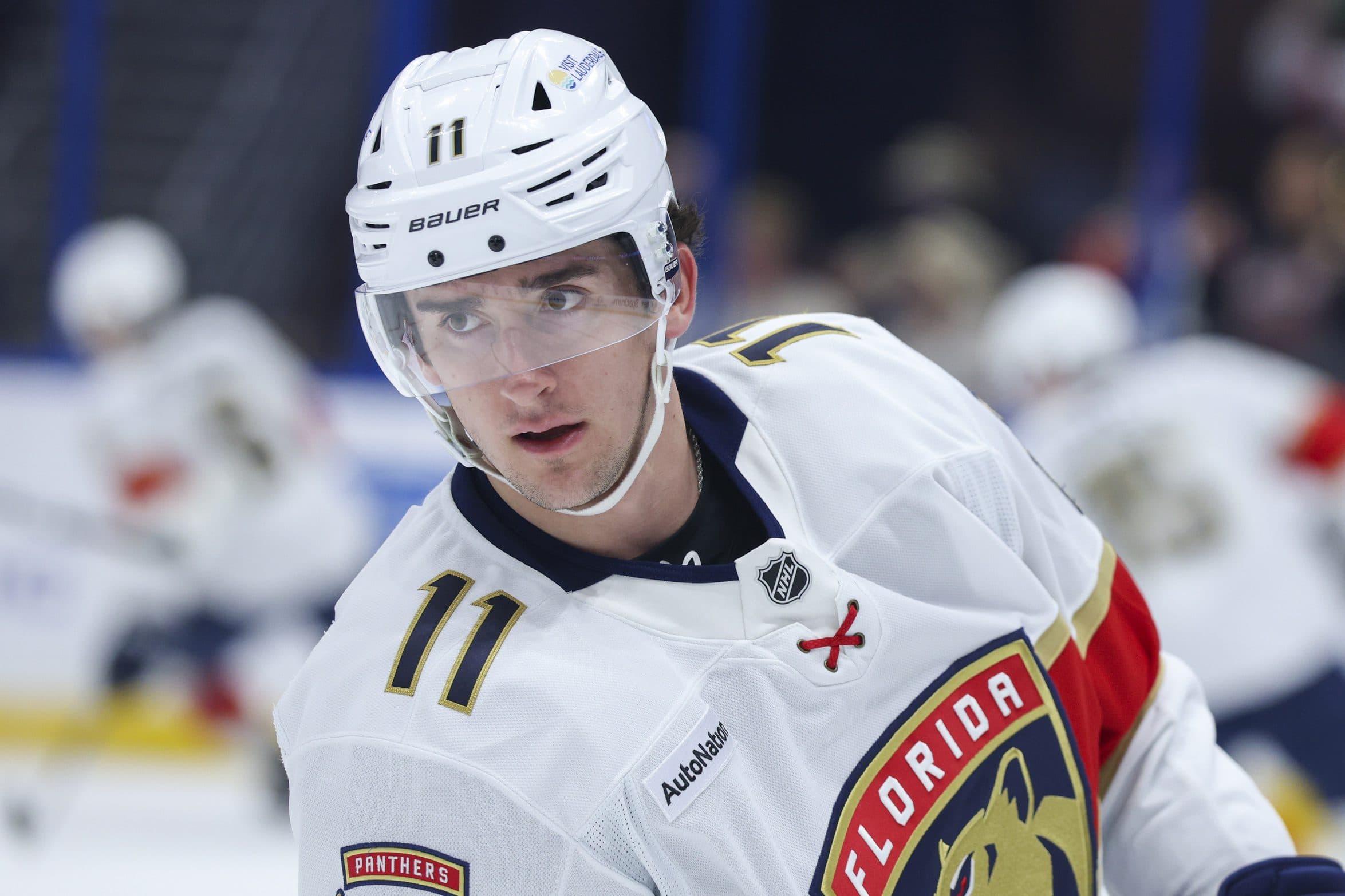 Florida Panthers right wing Mackie Samoskevich (11) warms up before a game against the before a game against the Tampa Bay Lightning at Benchmark International Arena.
