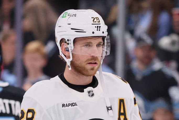Boston Bruins center Elias Lindholm (28) looks on during warmups before the game against the Utah Mammoth at Delta Center.