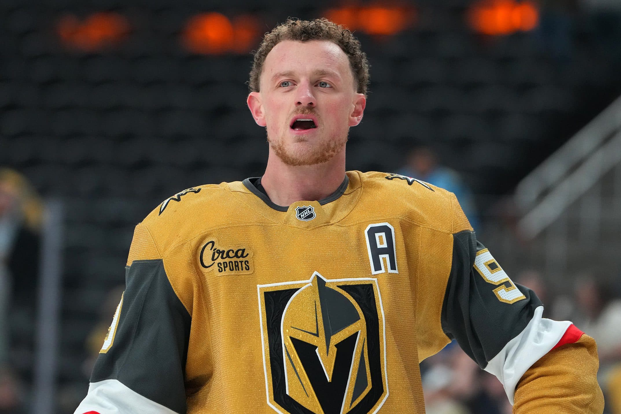 Vegas Golden Knights center Jack Eichel (9) warms up before a game against the New York Islanders at T-Mobile Arena.