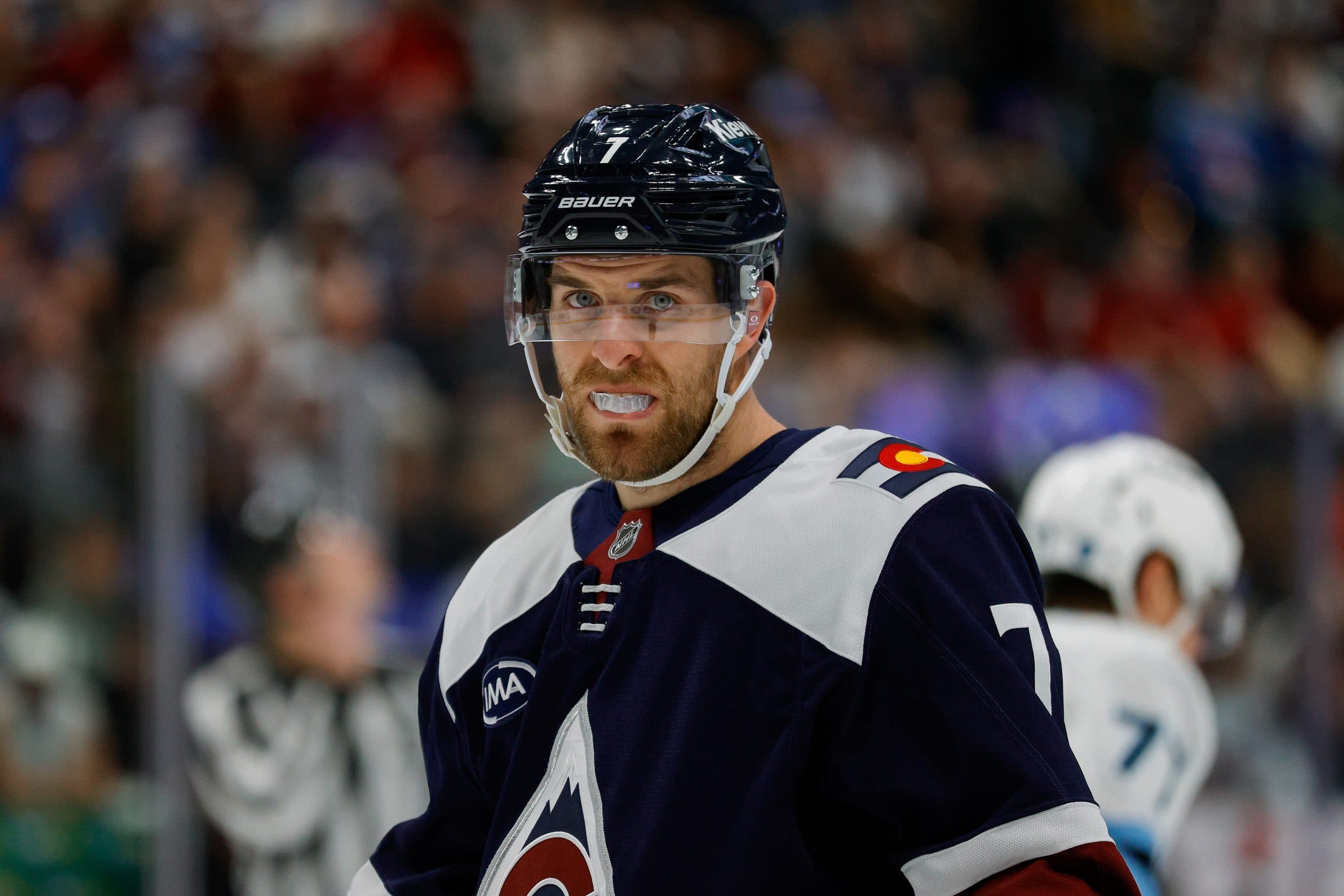 Colorado Avalanche defenseman Devon Toews (7) in the first period against the Utah Mammoth at Ball Arena.