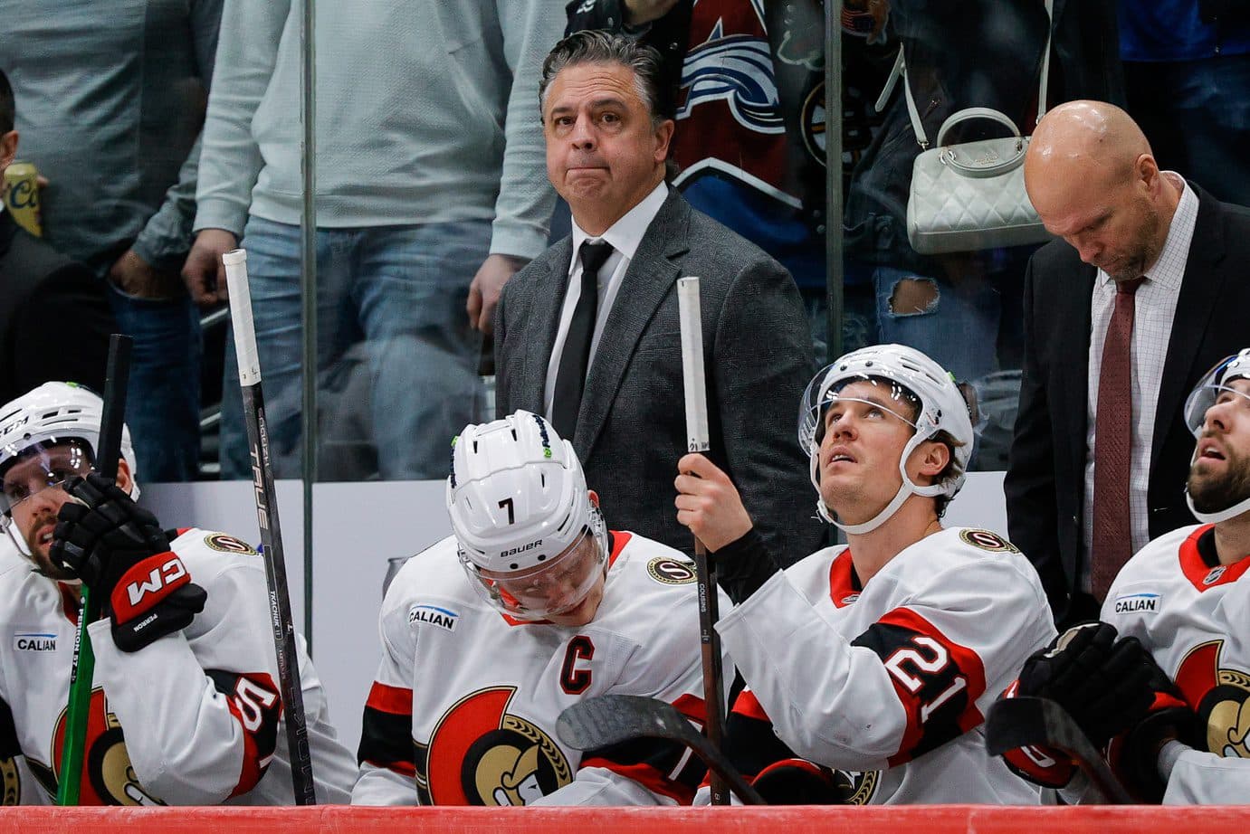 Ottawa Senators head coach Travis Green looks on in the third period against the Colorado Avalanche at Ball Arena.