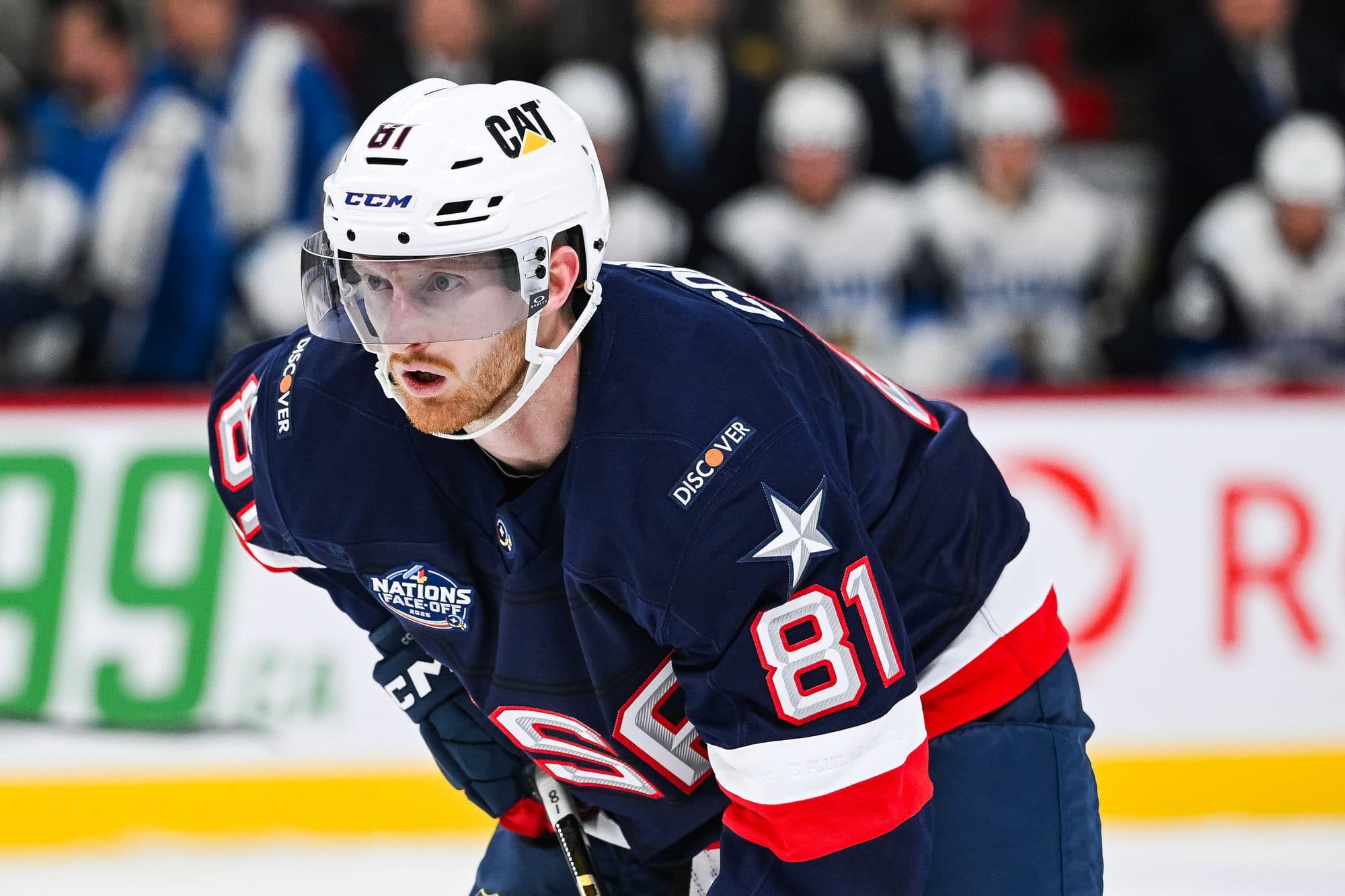 Team USA forward Kyle Connor (81) waits for a face-off against Team Finland in the first period during a 4 Nations Face-Off ice hockey game at Bell Centre.