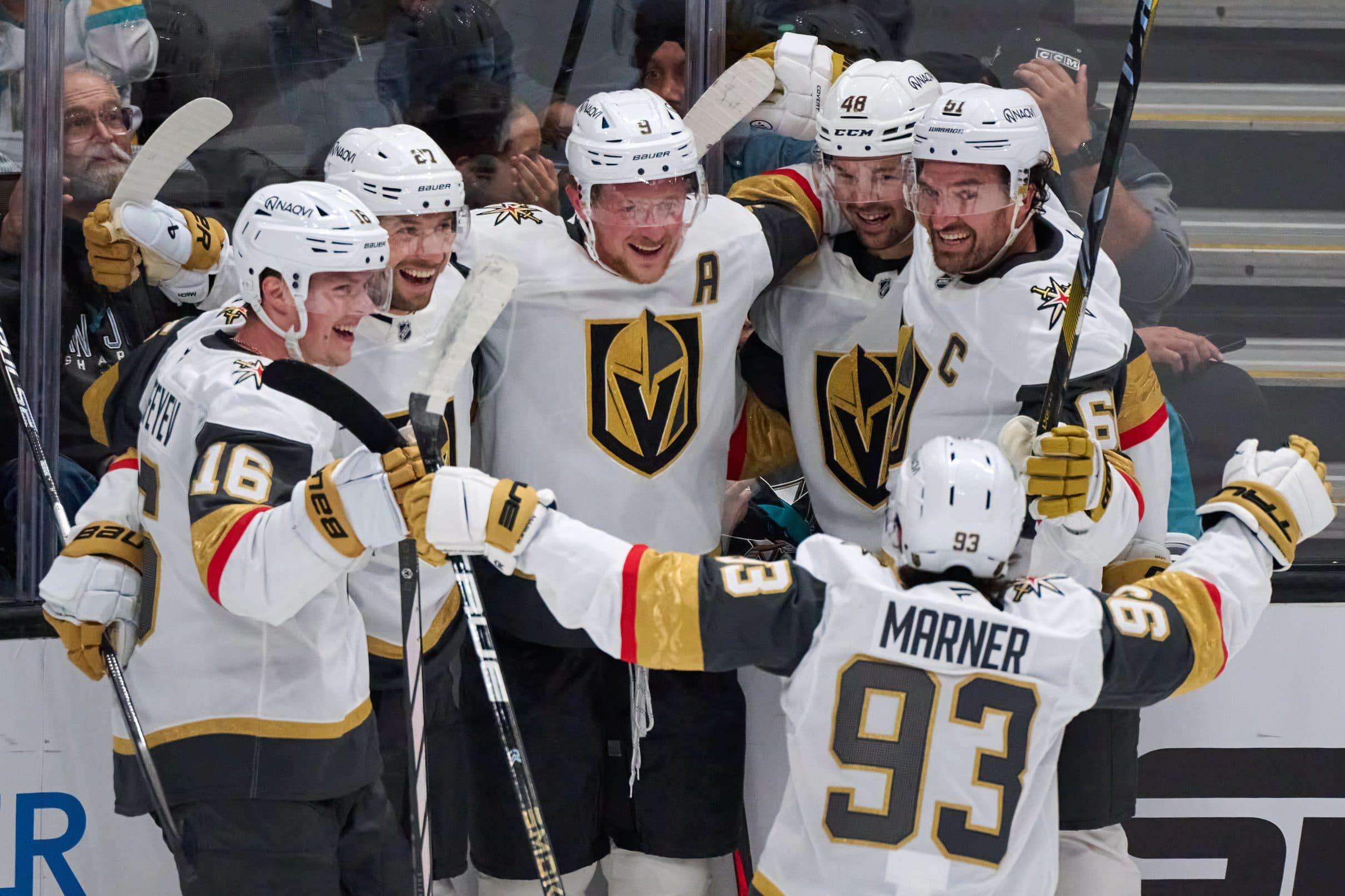 Vegas Golden Knights center Jack Eichel (9) celebrates with right wing Pavel Dorofeyev (16), defenseman Shea Theodore (27), center Tomas Hertl (48), right wing Mark Stone (61) and right wing Mitch Marner (93) after scoring against the San Jose Sharks during the third period at SAP Center at San Jose.