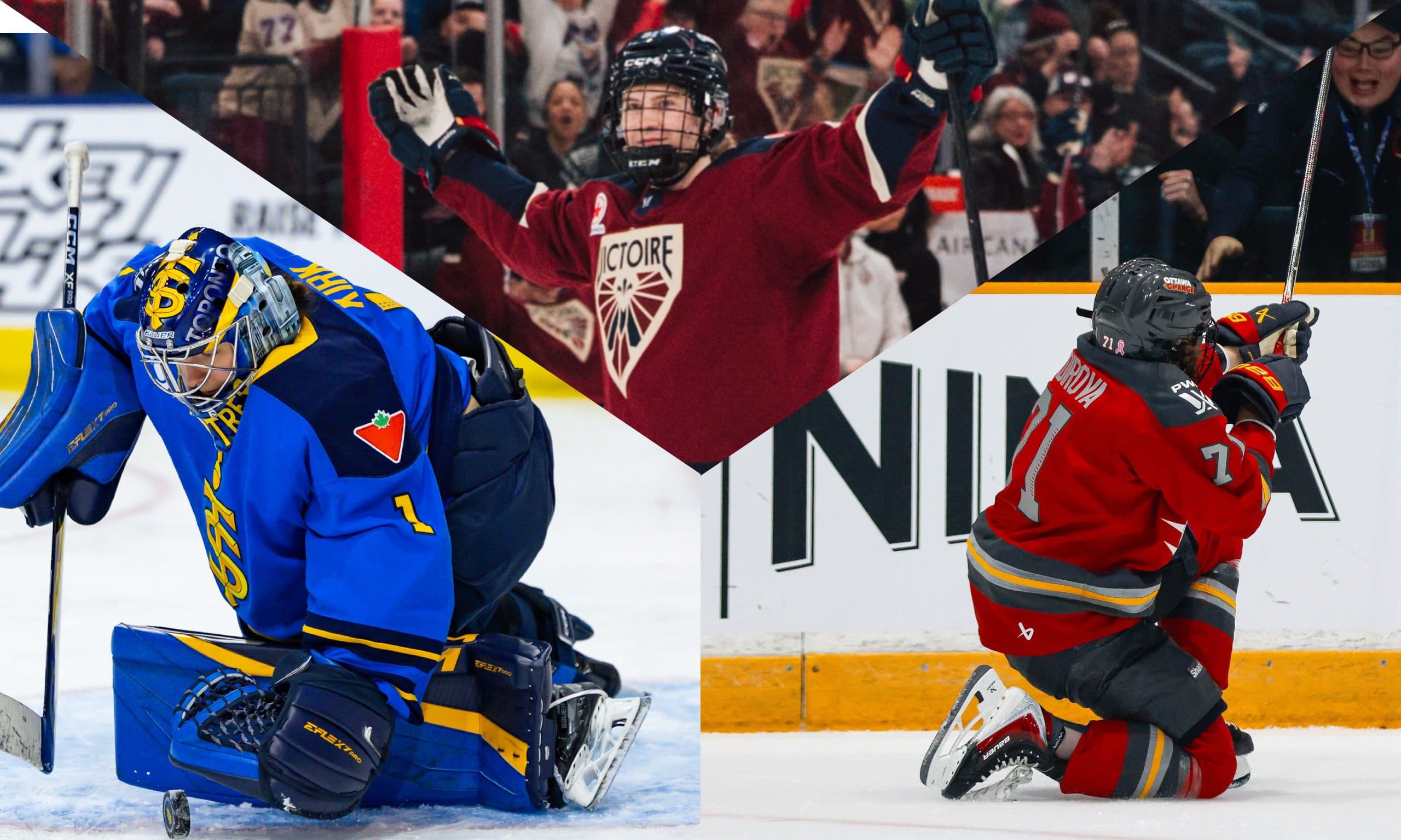 Toronto Sceptres goaltender Raygan Kirk, Montreal Victoire defender Maggie Flaherty, Ottawa Charge forward Fanuza Kadirova