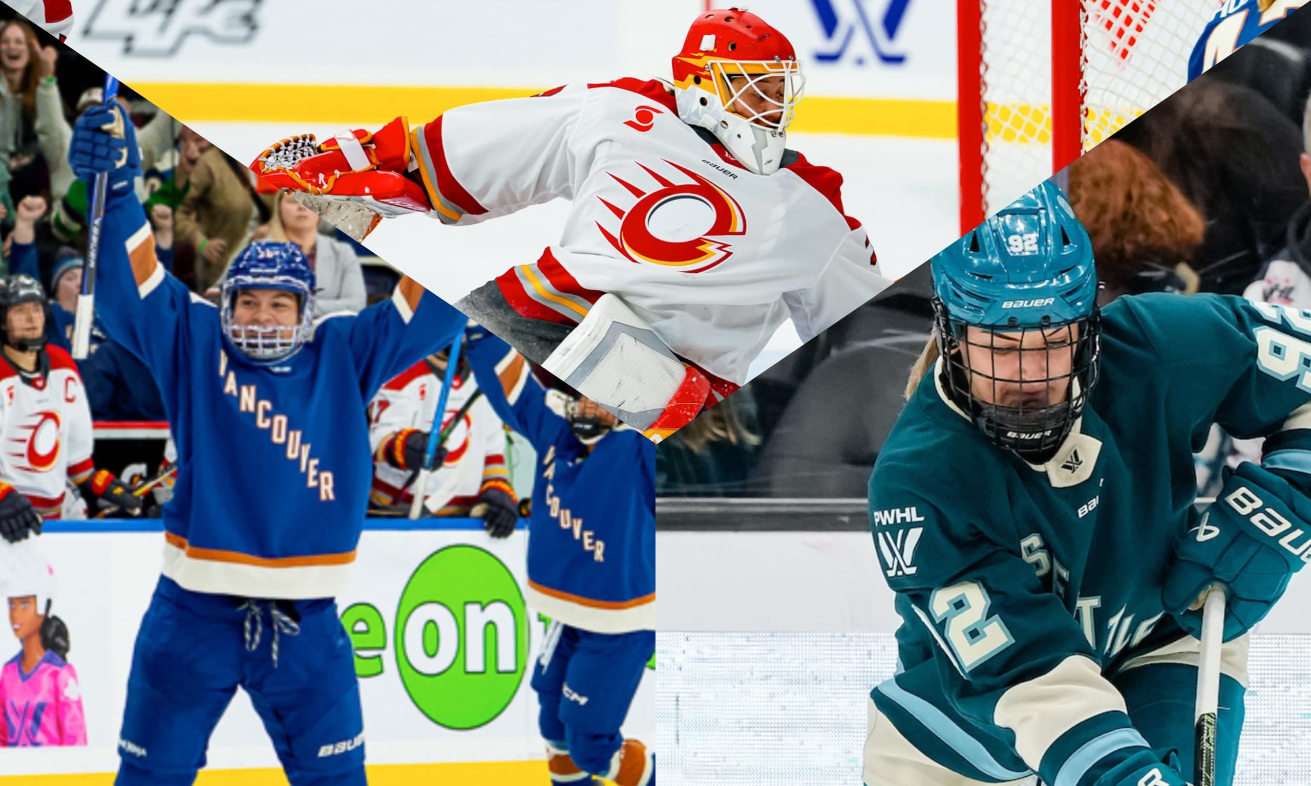 Vancouver Goldeneyes defender Sophie Jaques, Ottawa Charge goaltender Gwyneth Philips, Seattle Torrent forward Danielle Serdachny