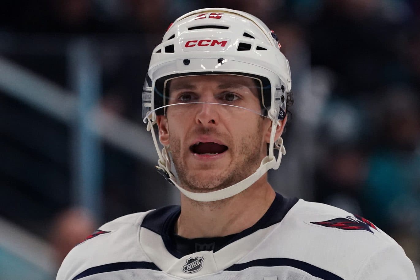 Washington Capitals center Nic Dowd (26) waits for play to resume during a game against the San Jose Sharks in the second period at SAP Center in San Jose.