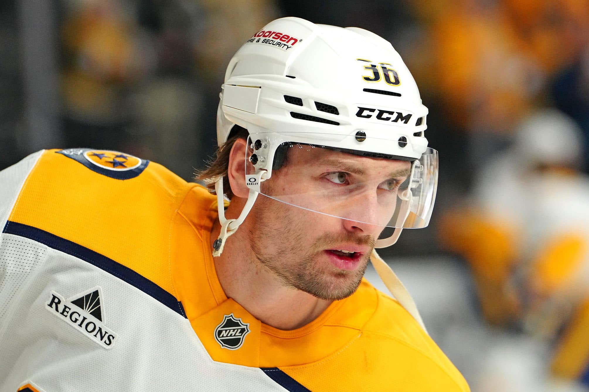 Nashville Predators left wing Cole Smith (36) warms up before the start of a game against the Vegas Golden Knights at T-Mobile Arena.