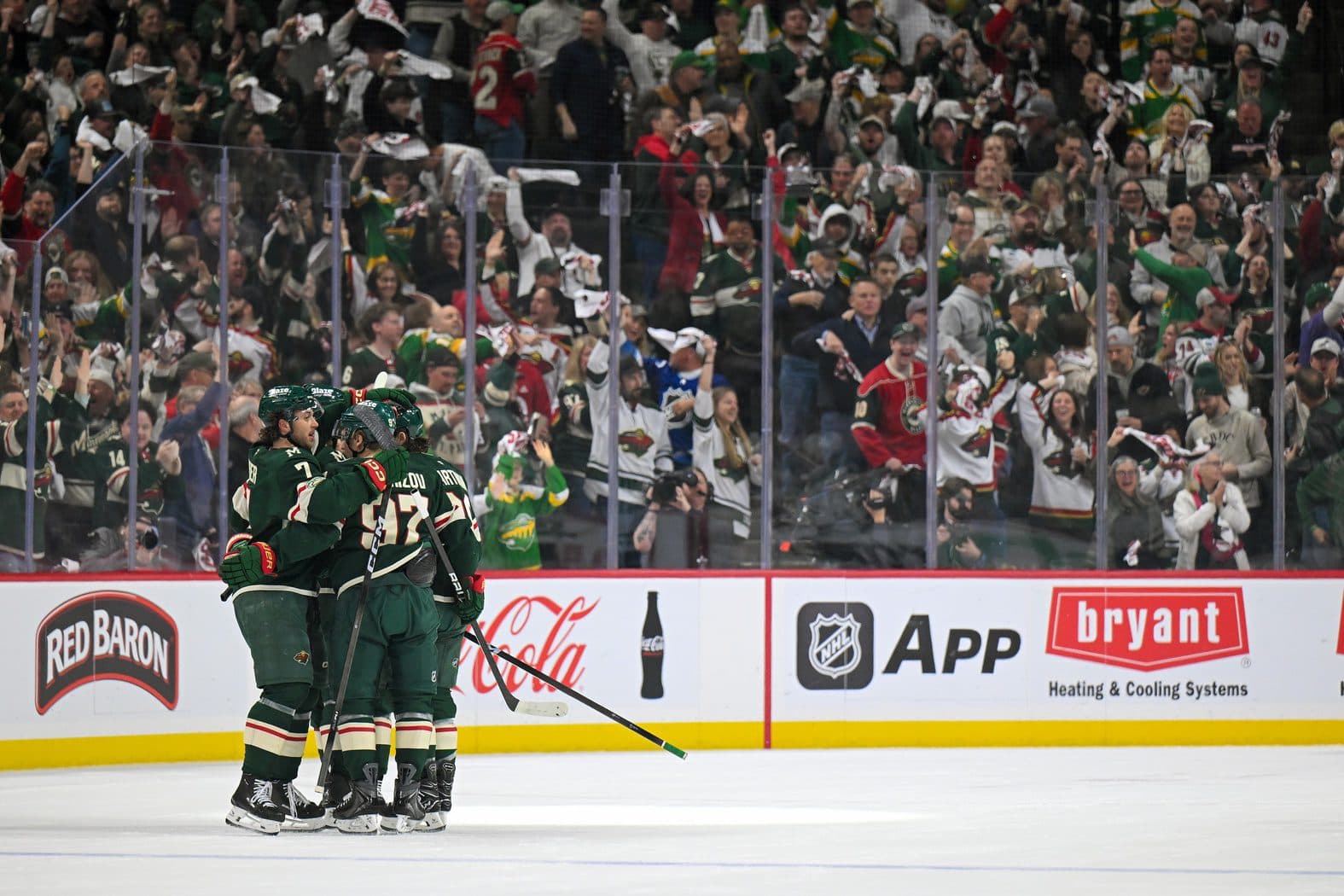 innesota Wild defensemen Brock Faber (7) celebrates his goal against the Dallas Stars with forward Kirill Kaprizov (97) during the first period in game four of the first round of the 2026 Stanley Cup Playoffs at Grand Casino Arena.