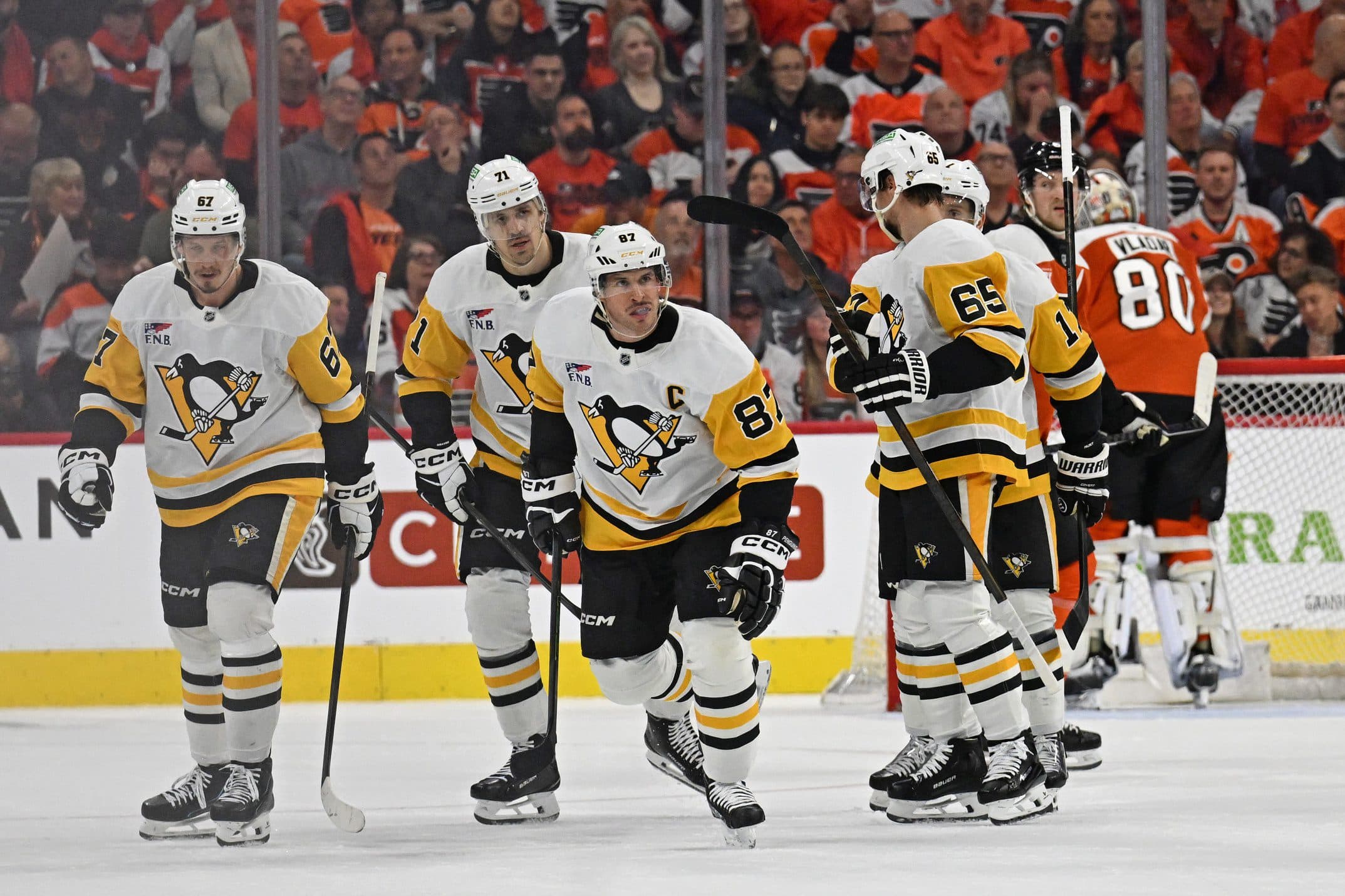 Pittsburgh Penguins center Sidney Crosby (87) skates back to the bench after scoring a goal against the Philadelphia Flyers during the first period in game four of the first round of the 2026 Stanley Cup Playoffs at Xfinity Mobile Arena.