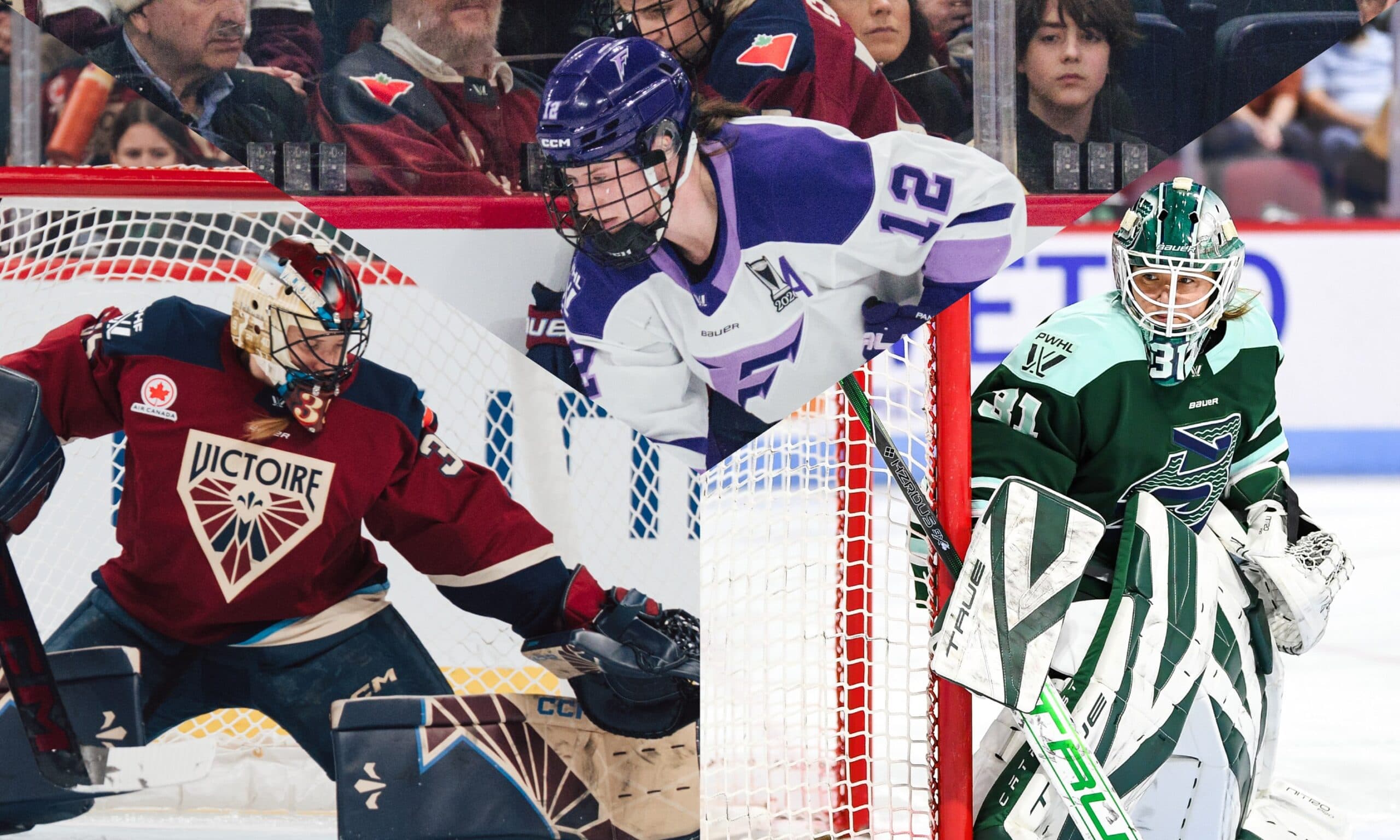 Minnesota Frost forwad Kelly Pannek, Montreal Victoire goaltender Ann-Renee Desbiens, Boston Fleet goaltender Aerin Frankel