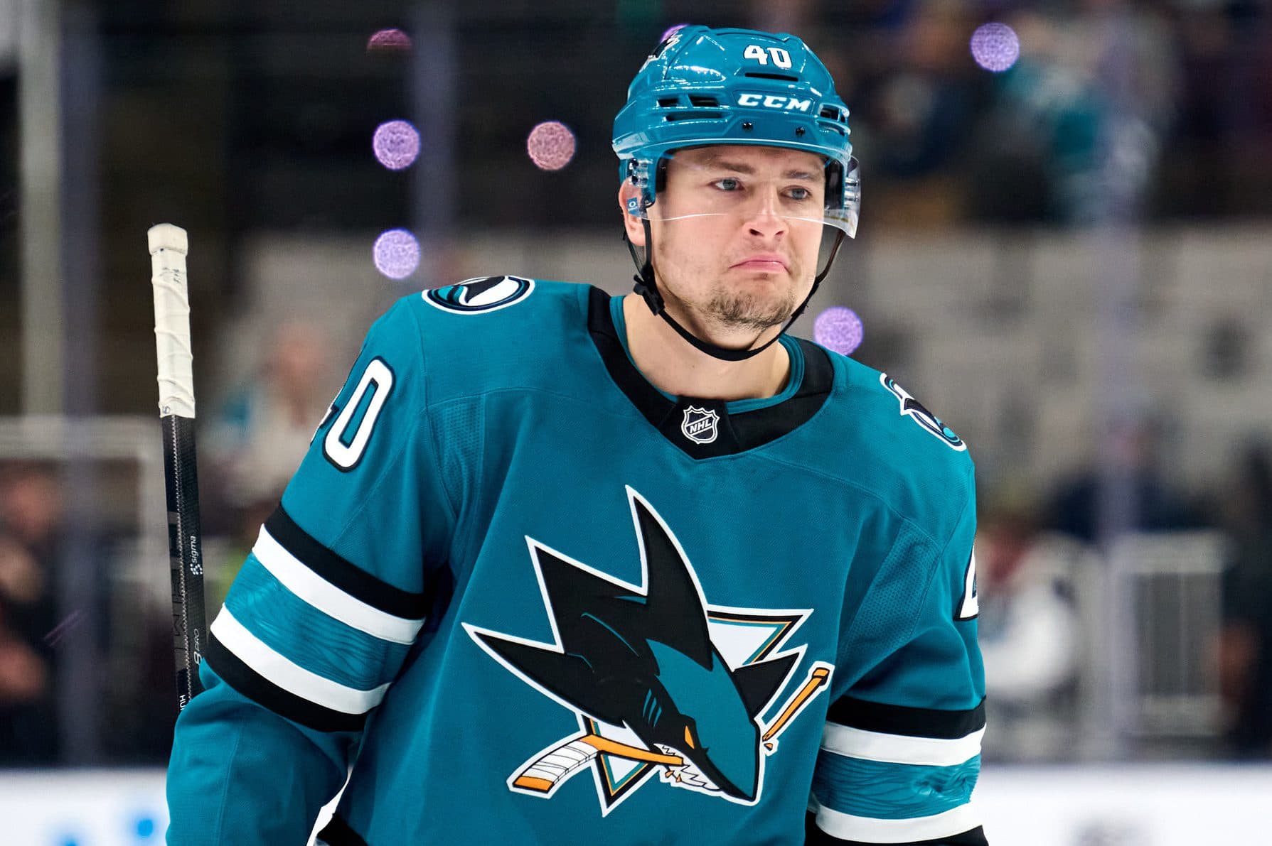 San Jose Sharks center Jimmy Huntington (40) waits for play to resume against the Vegas Golden Knights during the third period at SAP Center at San Jose.