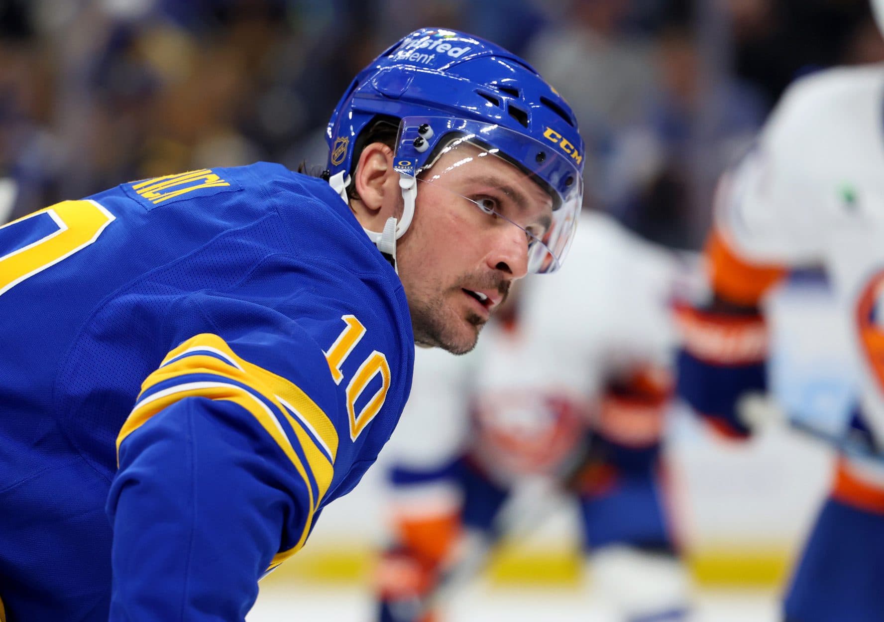 Buffalo Sabres center Sam Carrick (10) waits for the face-off during the second period against the New York Islanders at KeyBank Center.