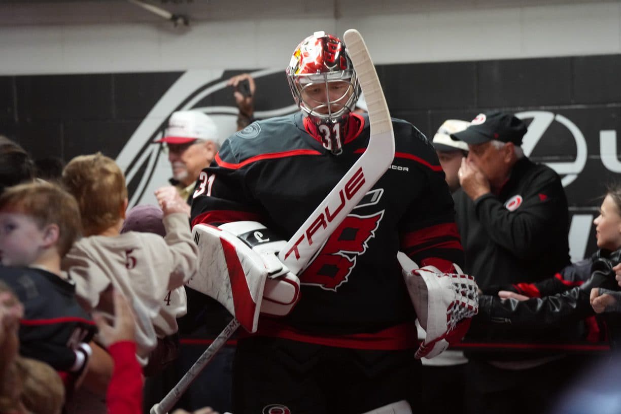Carolina Hurricanes goaltender Frederik Andersen (31) comes out of the locker room past the fans before the start of the game against the Ottawa Senators in game one of the first round of the 2026 Stanley Cup Playoffs at Lenovo Center.