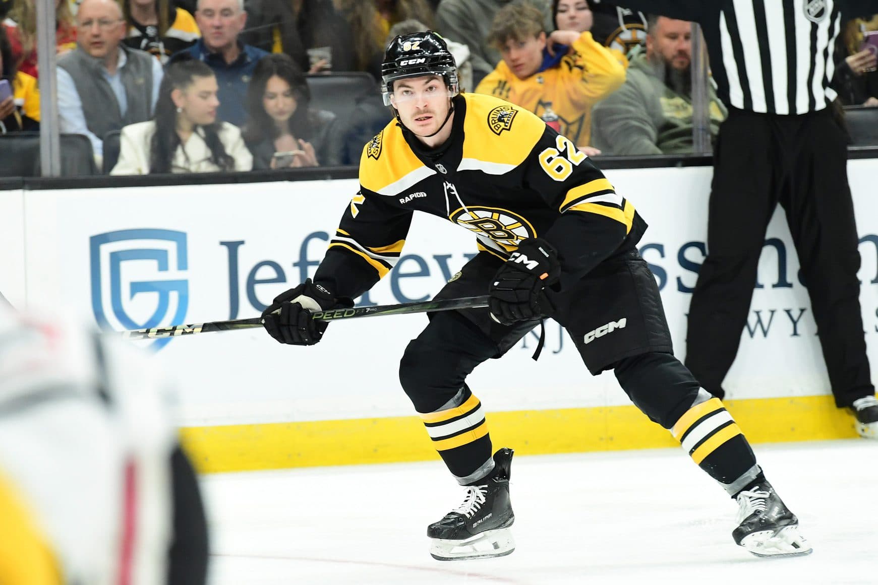 Boston Bruins center Riley Duran (62) skates in the offensive zone during the first period against the Chicago Blackhawks at TD Garden.