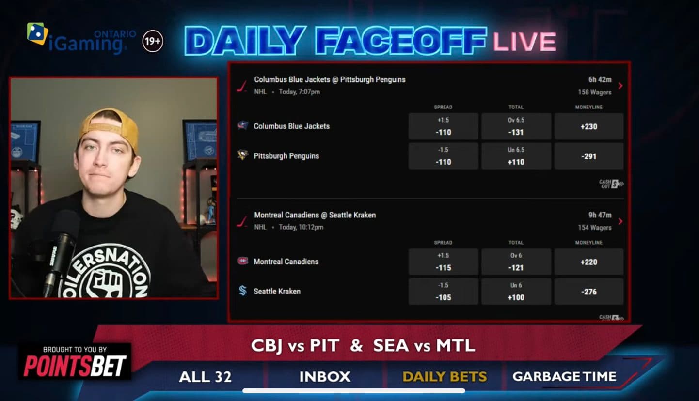 PointsBet Daily Bets: Blue Jackets/Penguins Puckline & Matty Beniers assist prop