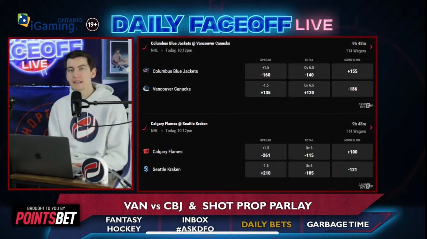 PointsBet Daily Bets: Canucks/Blue Jackets & Vince Dunn shot prop parlay.