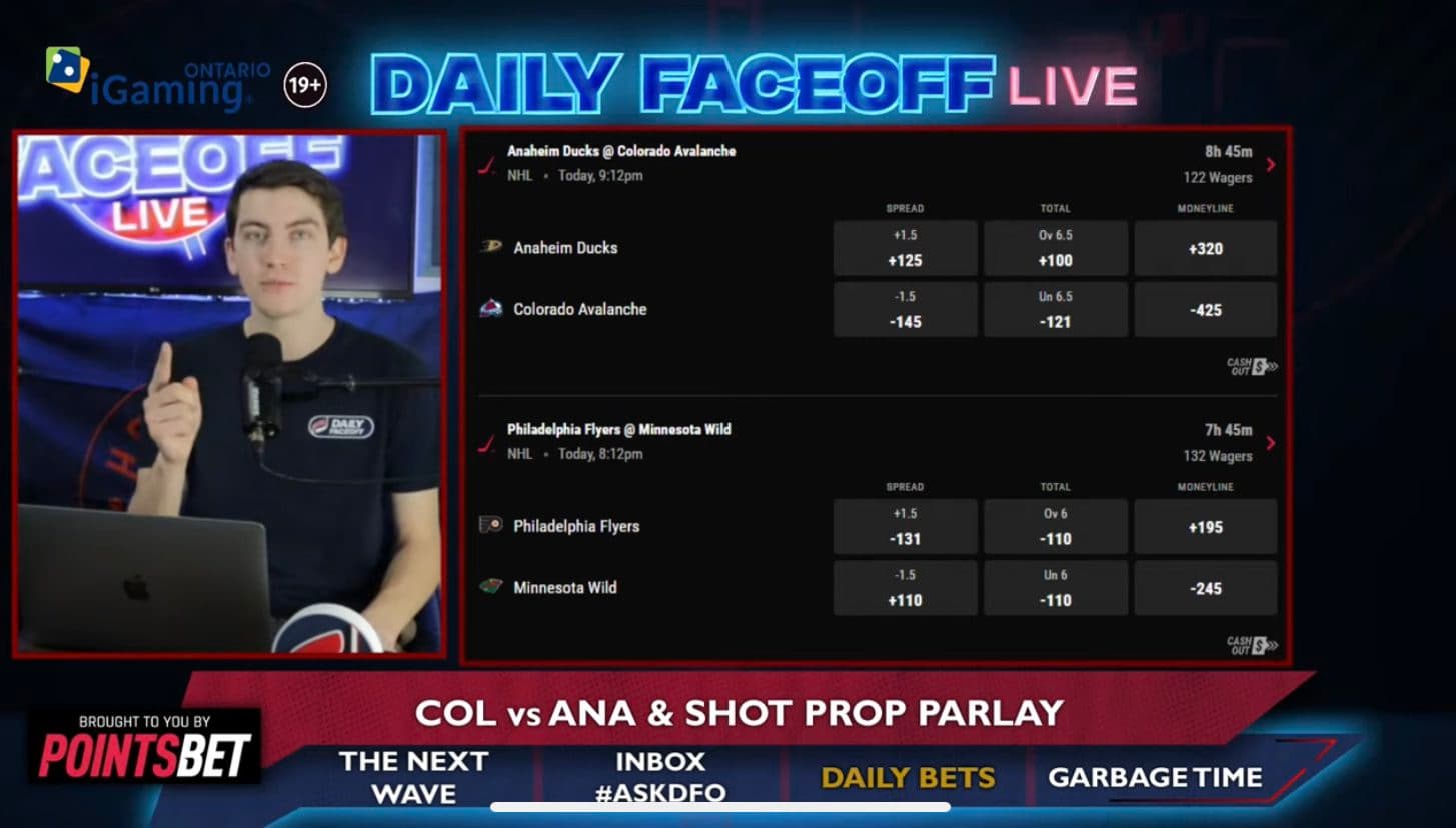 PointsBet Daily Bets: Avalanche/Ducks Puckline & shot prop parlay