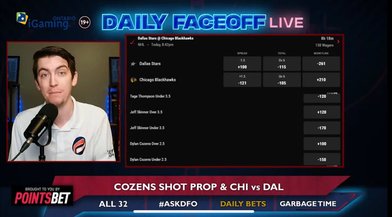PointsBet Daily Bets: Stars/Blackhawks & Dylan Cozens shot prop