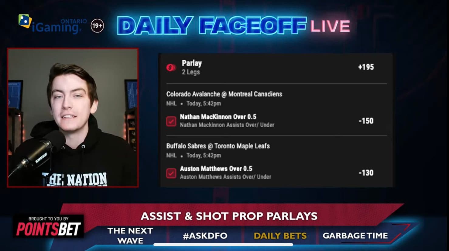 PointsBet Daily Bets: Nathan MacKinnon & Auston Matthews assist prop + shot prop parlay