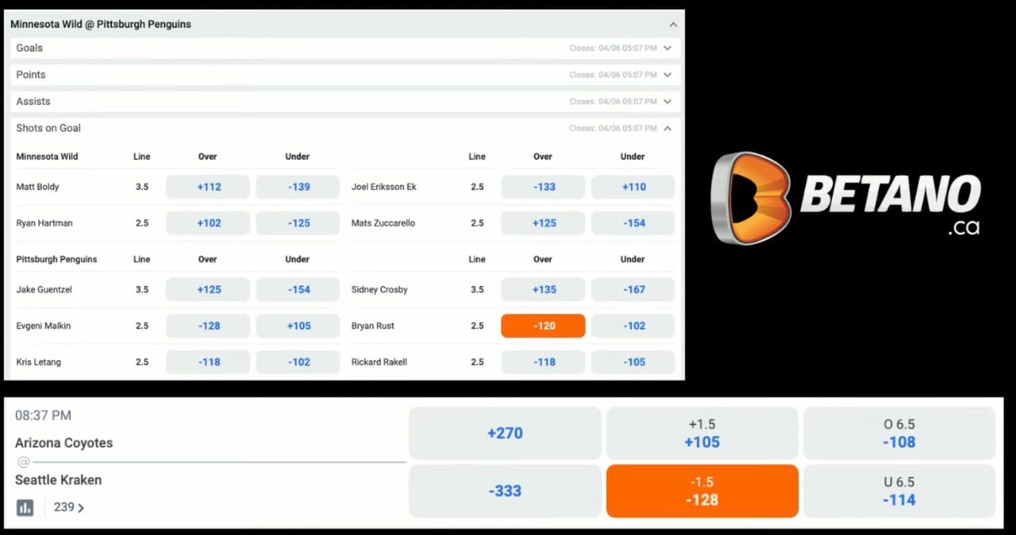 Betano Daily Bets: Seattle Kraken Puckline & Bryan Rust shot prop