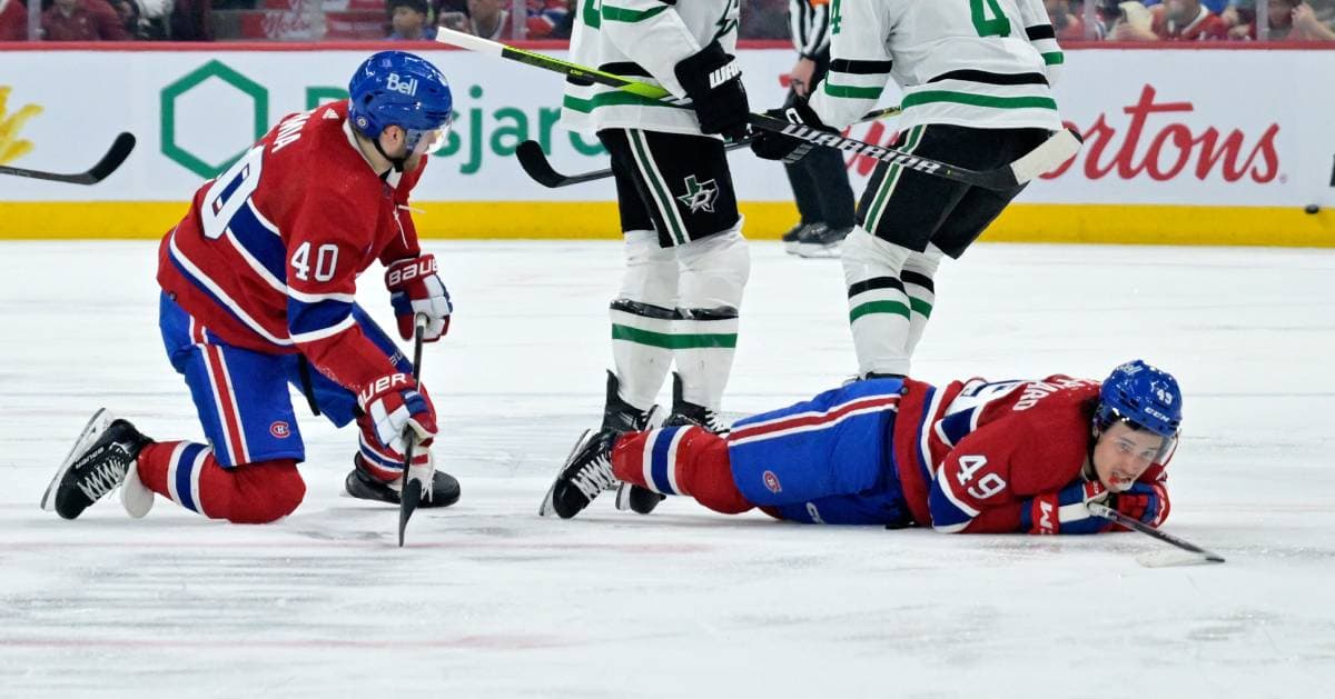 Montreal Canadiens forward Rafaël Harvey-Pinard exits Saturday’s game with lower-body injury