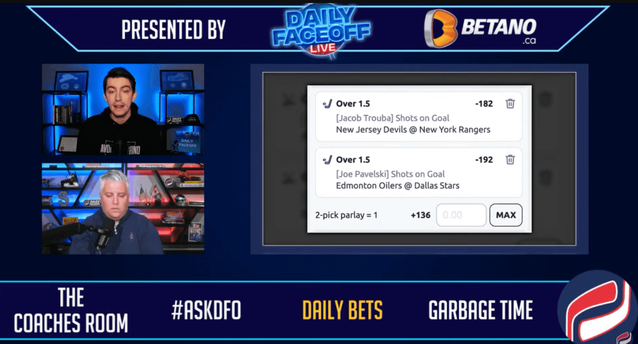 Betano Daily Bets: Trouba and Pavelski shot prop parlay +136