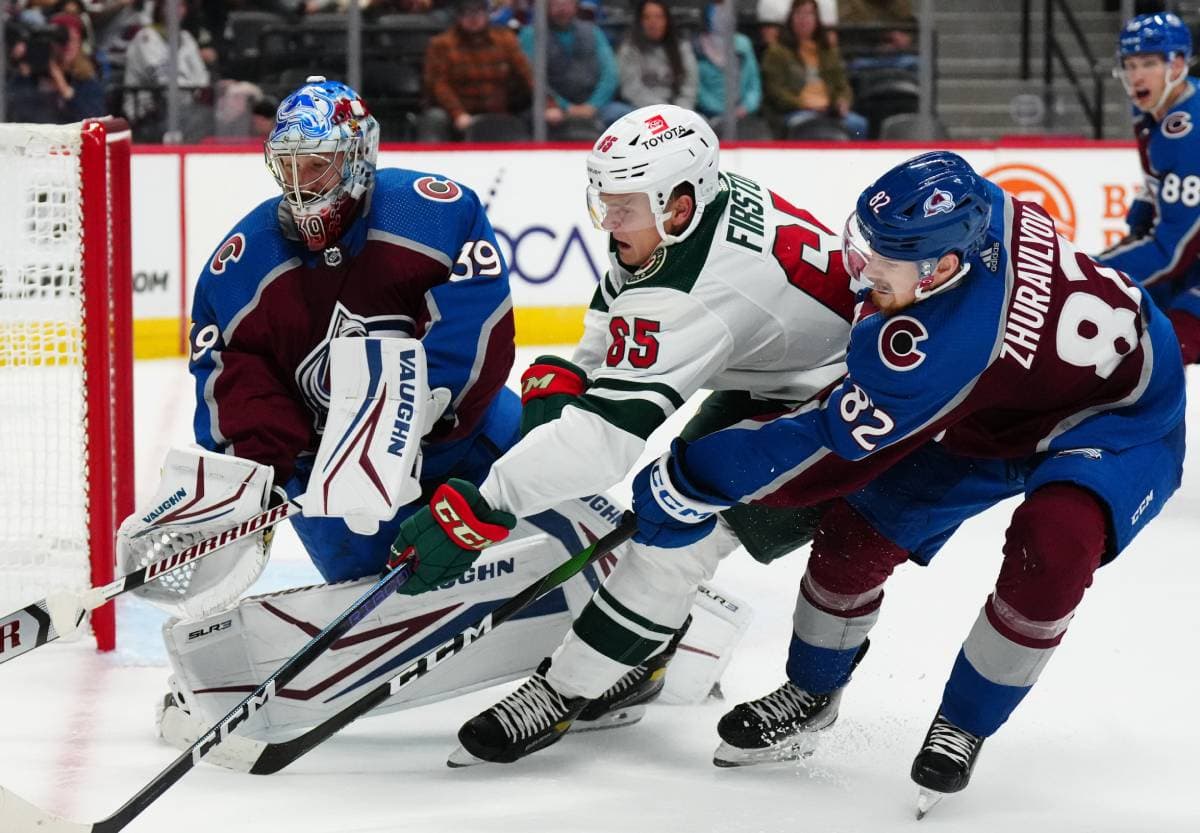 Colorado Avalanche goaltender Pavel Francouz and defenseman Danila Zhuravyllov, Minnesota Wild forward Valdislav Firstov