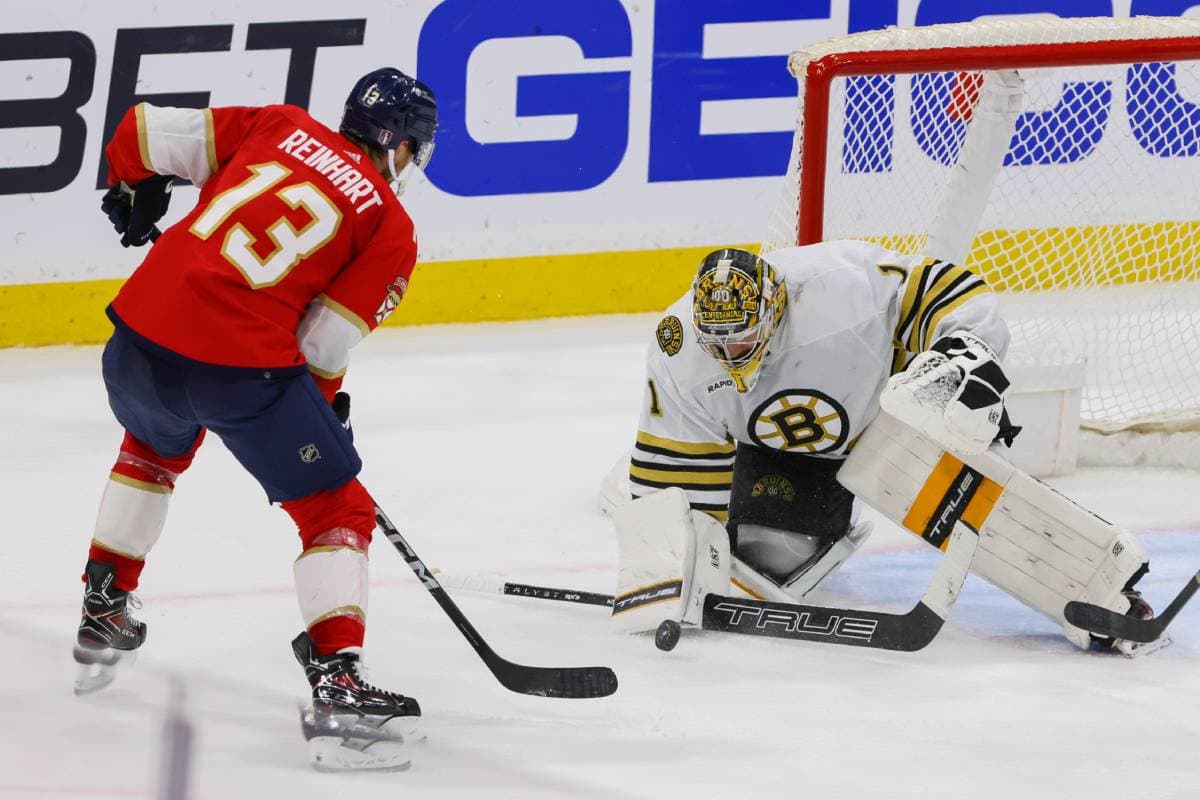 Florida Panthers forward Sam Reinhart, Boston Bruins goaltender Jeremy Swayman