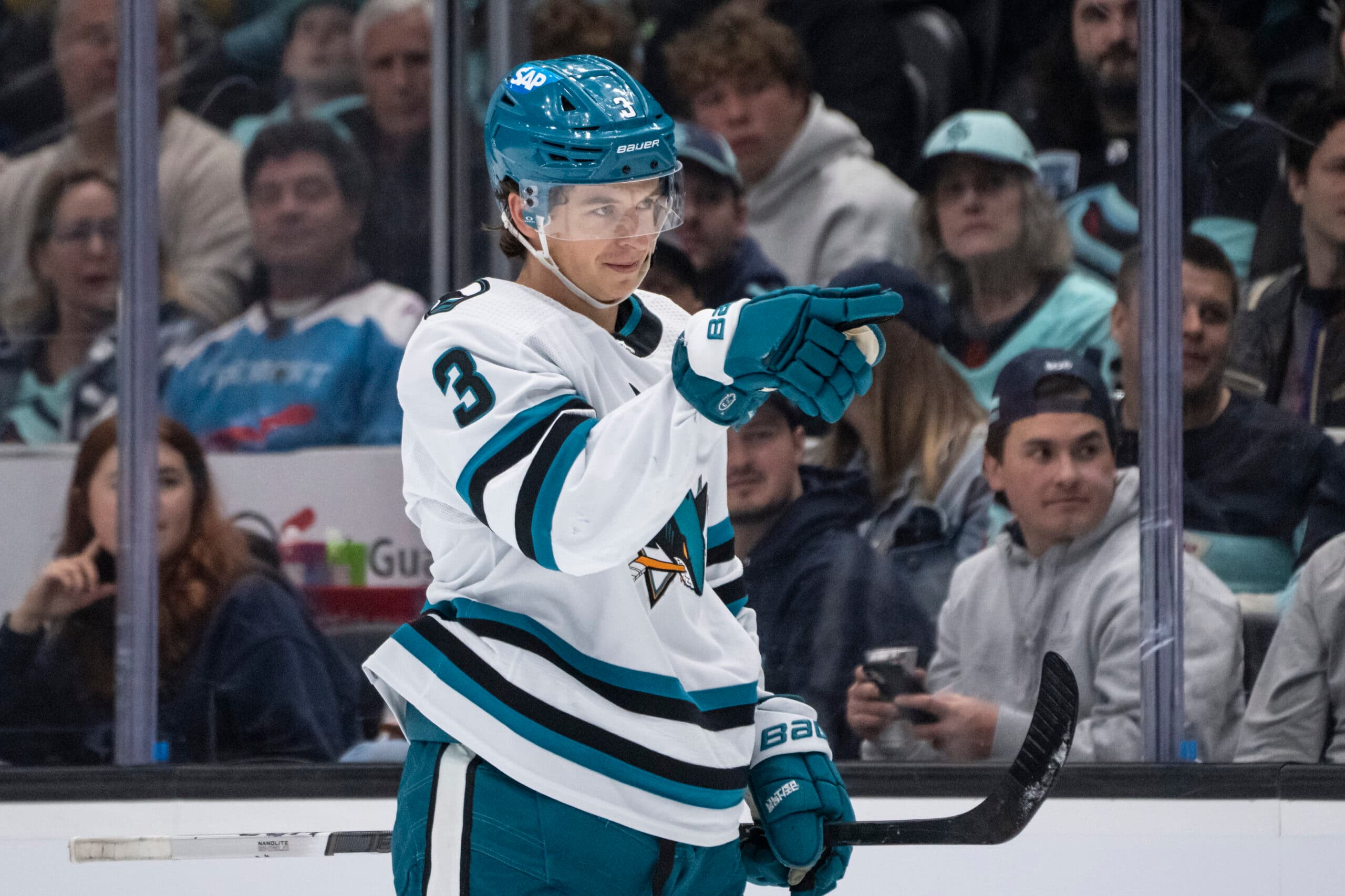 San Jose Sharks defenseman Henry Thrun celebrates a goal.