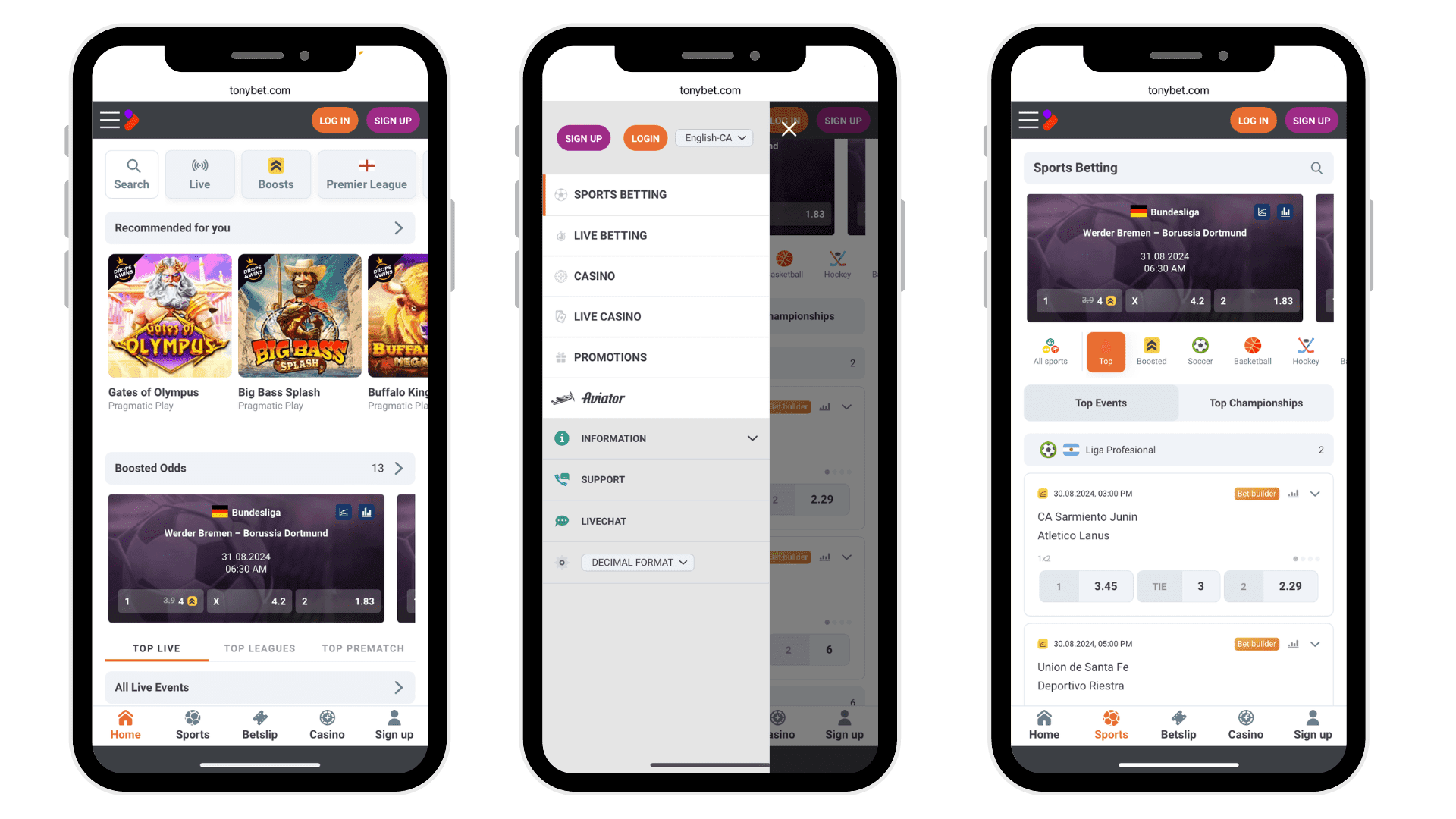 Three screenshot mockups of the TonyBet's sports betting apps Canada, including the home screen, side menu, and additional betting markets.