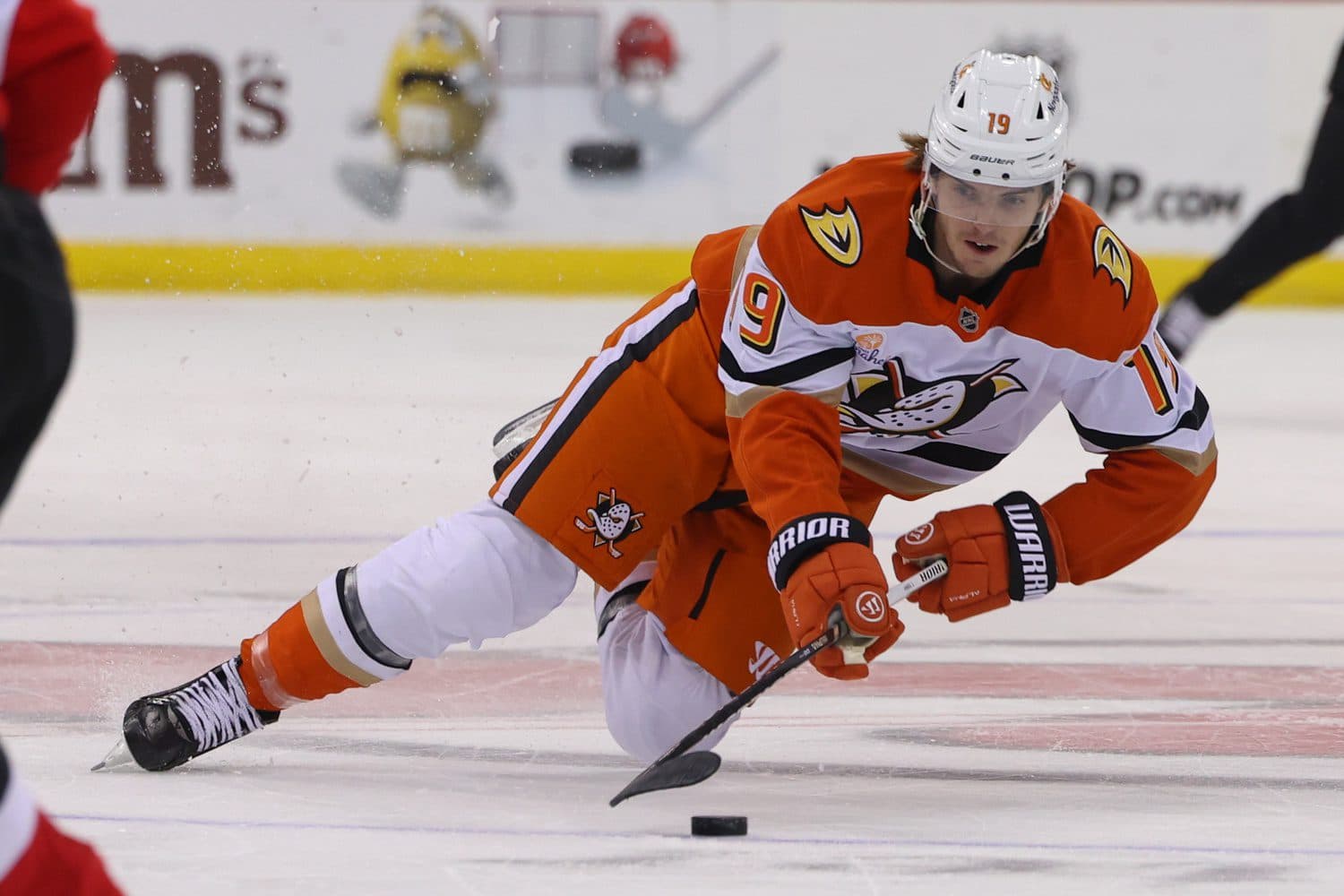 Anaheim Ducks right wing Troy Terry (19) skates with the puck against the New Jersey Devils during the first period at Prudential Center.