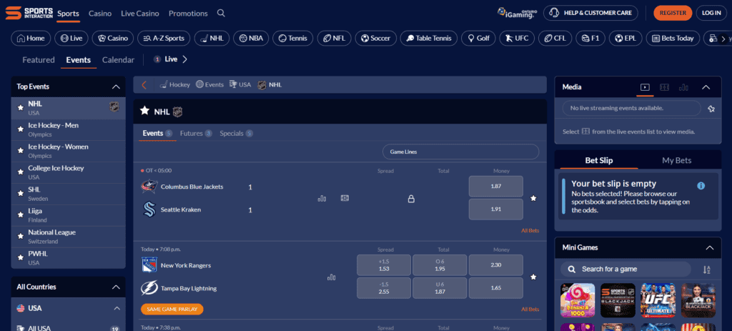 A screenshot desktop view of Sports Interaction's NHL betting page.