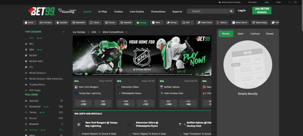 A screenshot desktop view of BET99's NHL betting page.