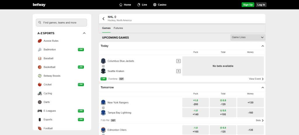 A screenshot desktop view of Betway's NHL betting page.