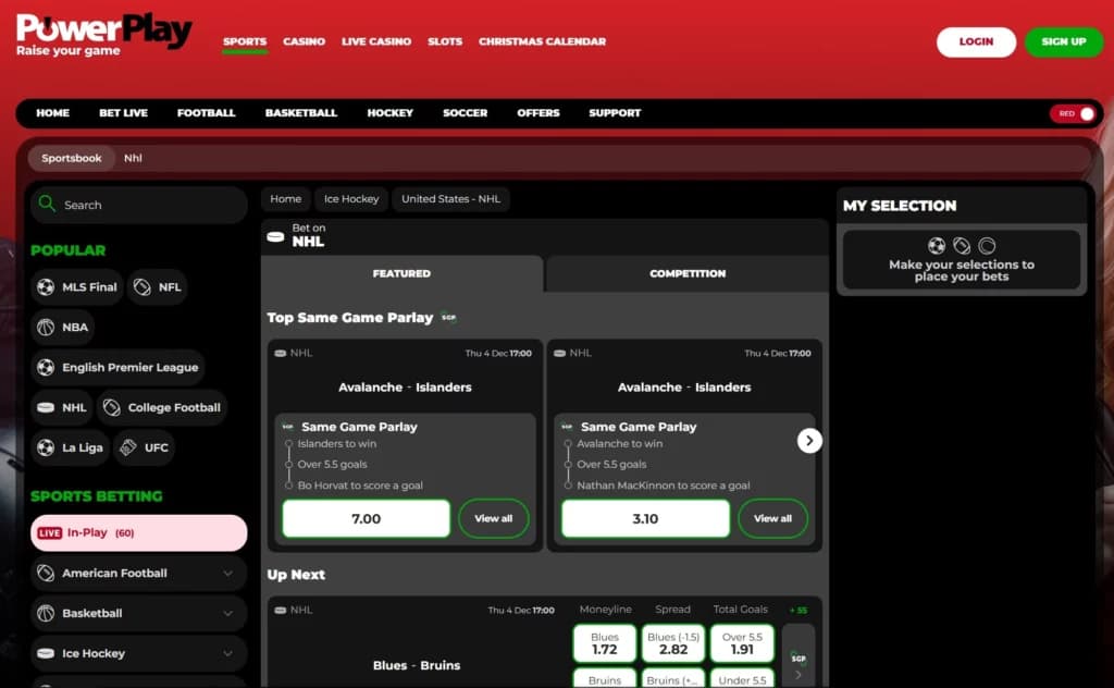 A screenshot of thr desktop view of Powerplay's NHL betting screen