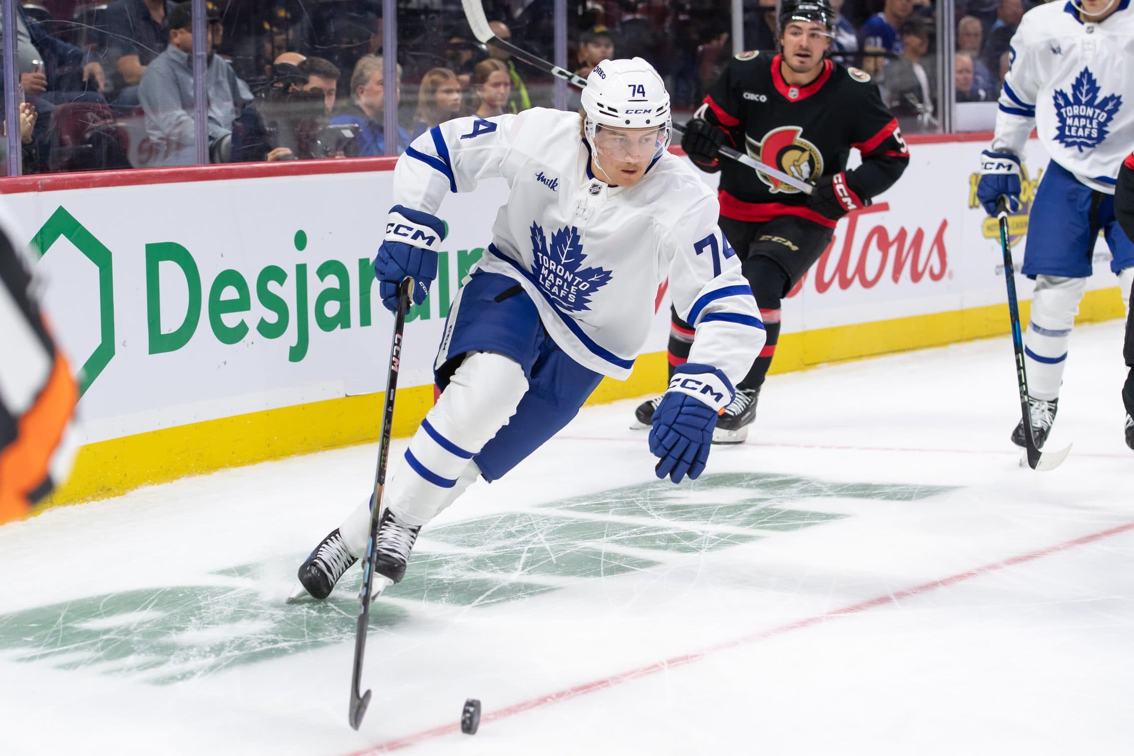 Toronto Maple Leafs center Bobby McMann (74) skates with the puck in the first period against the Ottawa Senators at the Canadian Tire Centre.