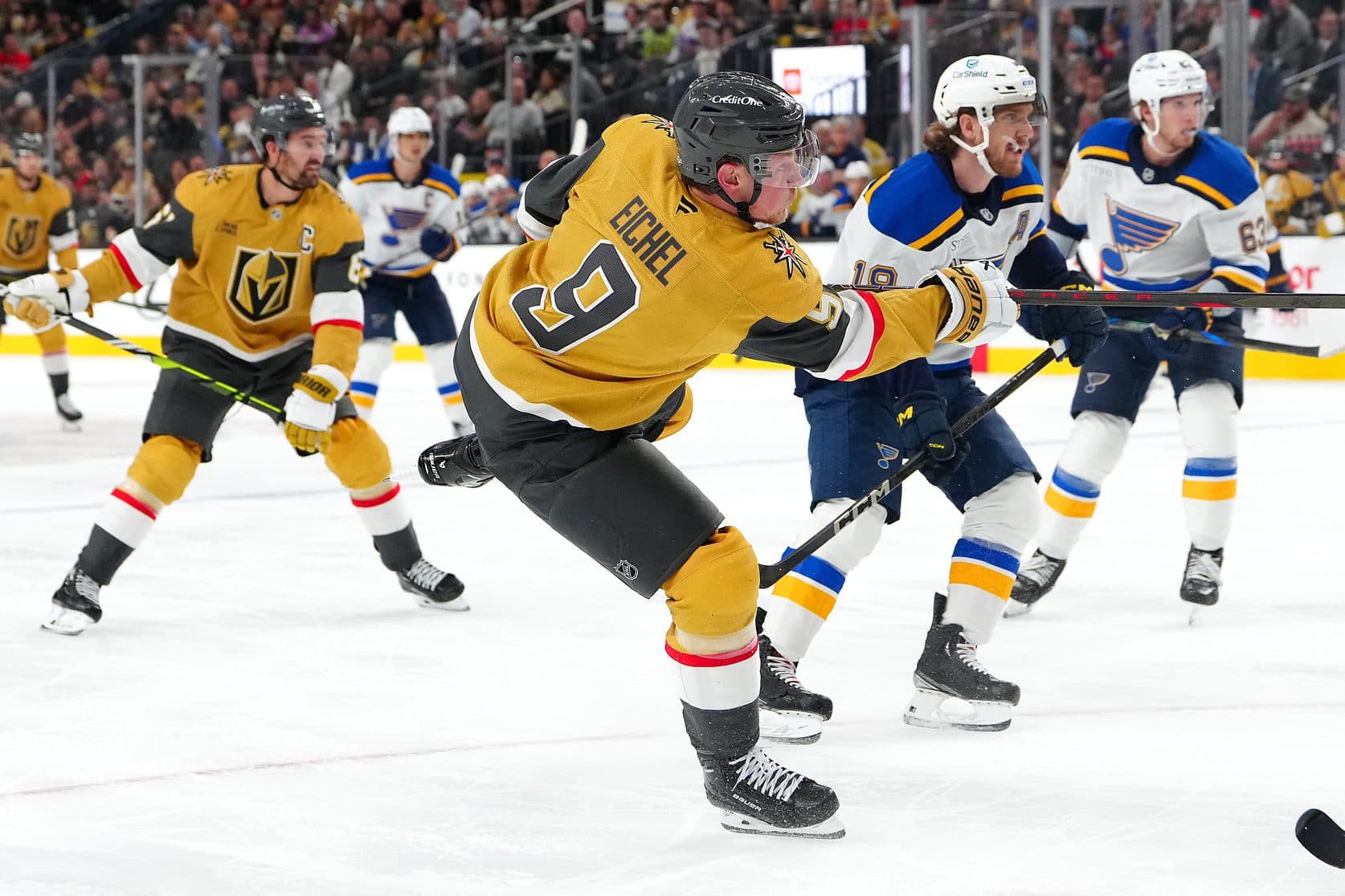 Vegas Golden Knights center Jack Eichel (9) shoots against the St. Louis Blues during the second period at T-Mobile Arena.