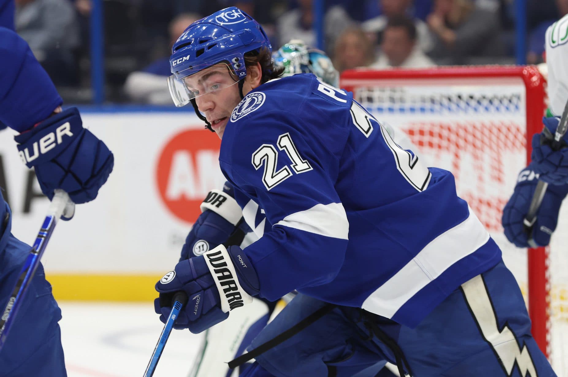 Tampa Bay Lightning center Brayden Point (21) skates against the Vancouver Canucks during the third period at Amalie Arena.