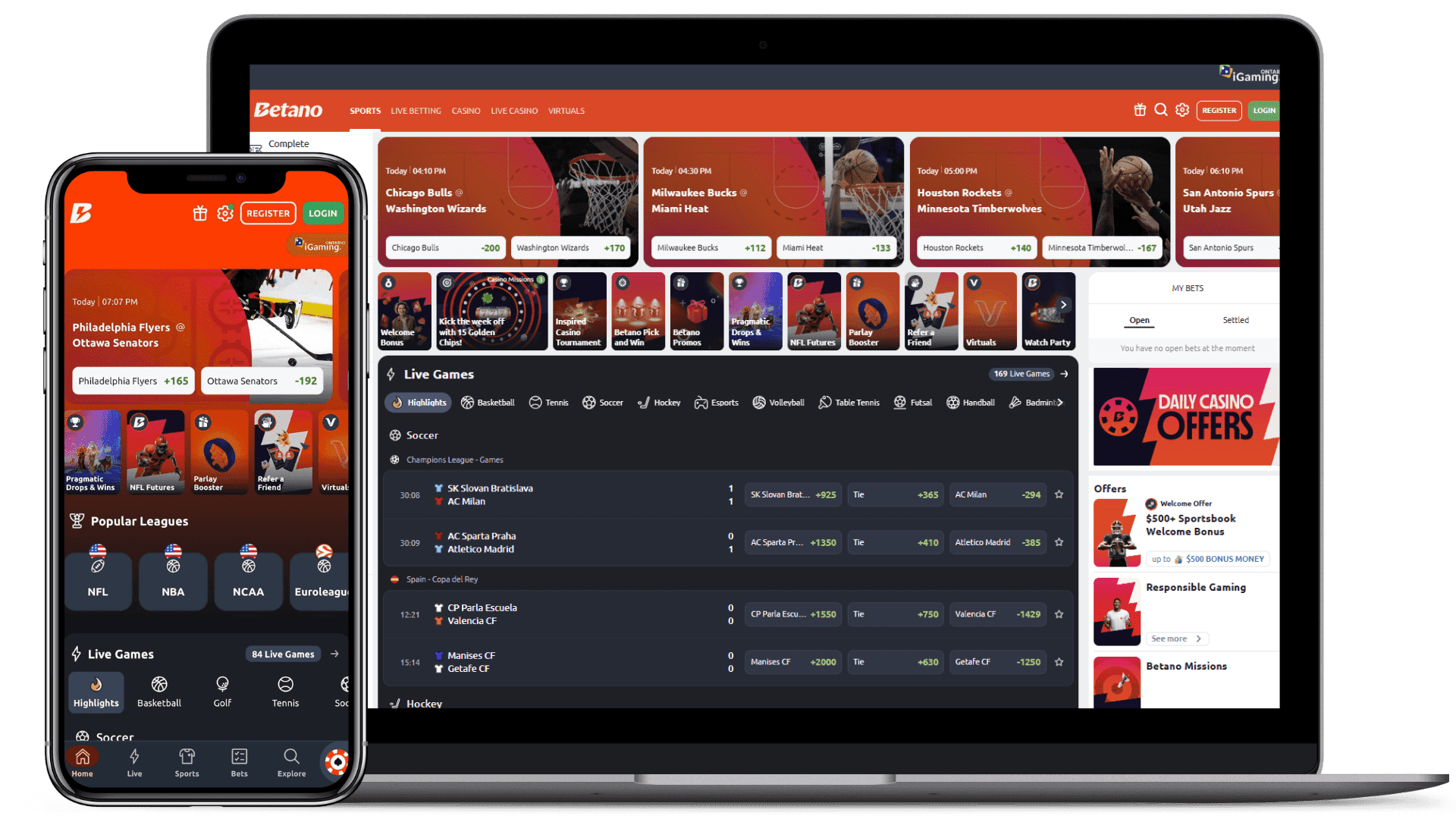 Mockups of the Betano homepage, both on a laptop and and iphone.