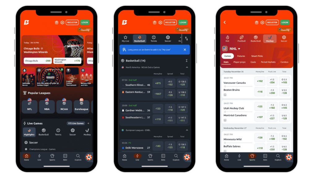 Three mockups of the betano ontario app, showing the home screen, live basketball, and nhl markets.