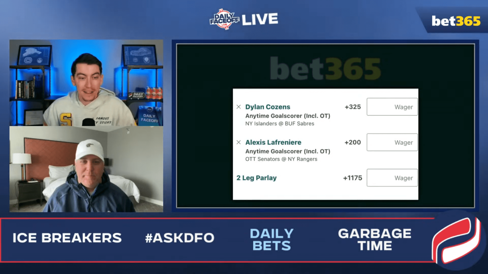 bet365 Daily Bets: Sabres Moneyline, Alexis Lafreniere and Dylan Cozens goal scorer parlay